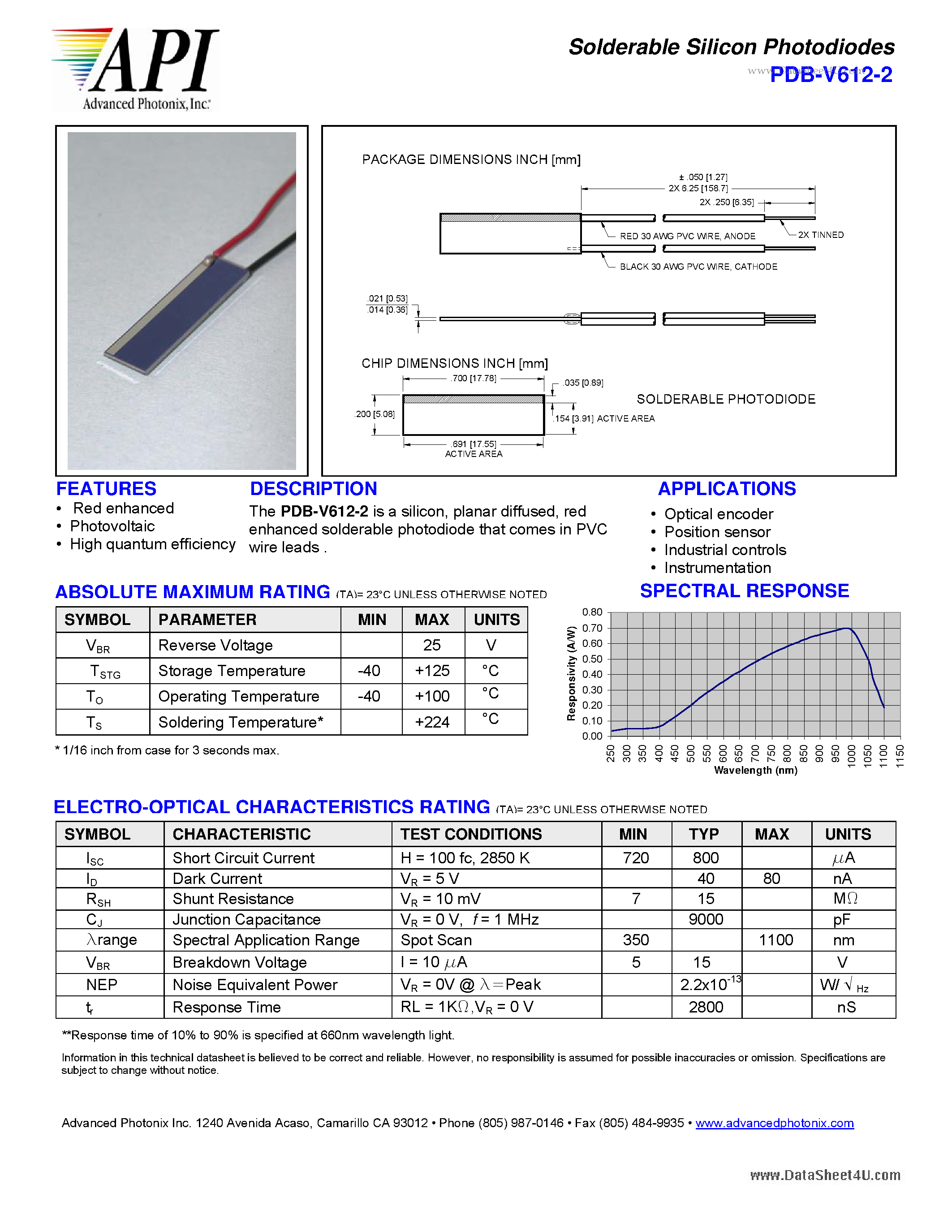 Datasheet PDB-V612-2 - Solderable Silicon Photodiodes page 1