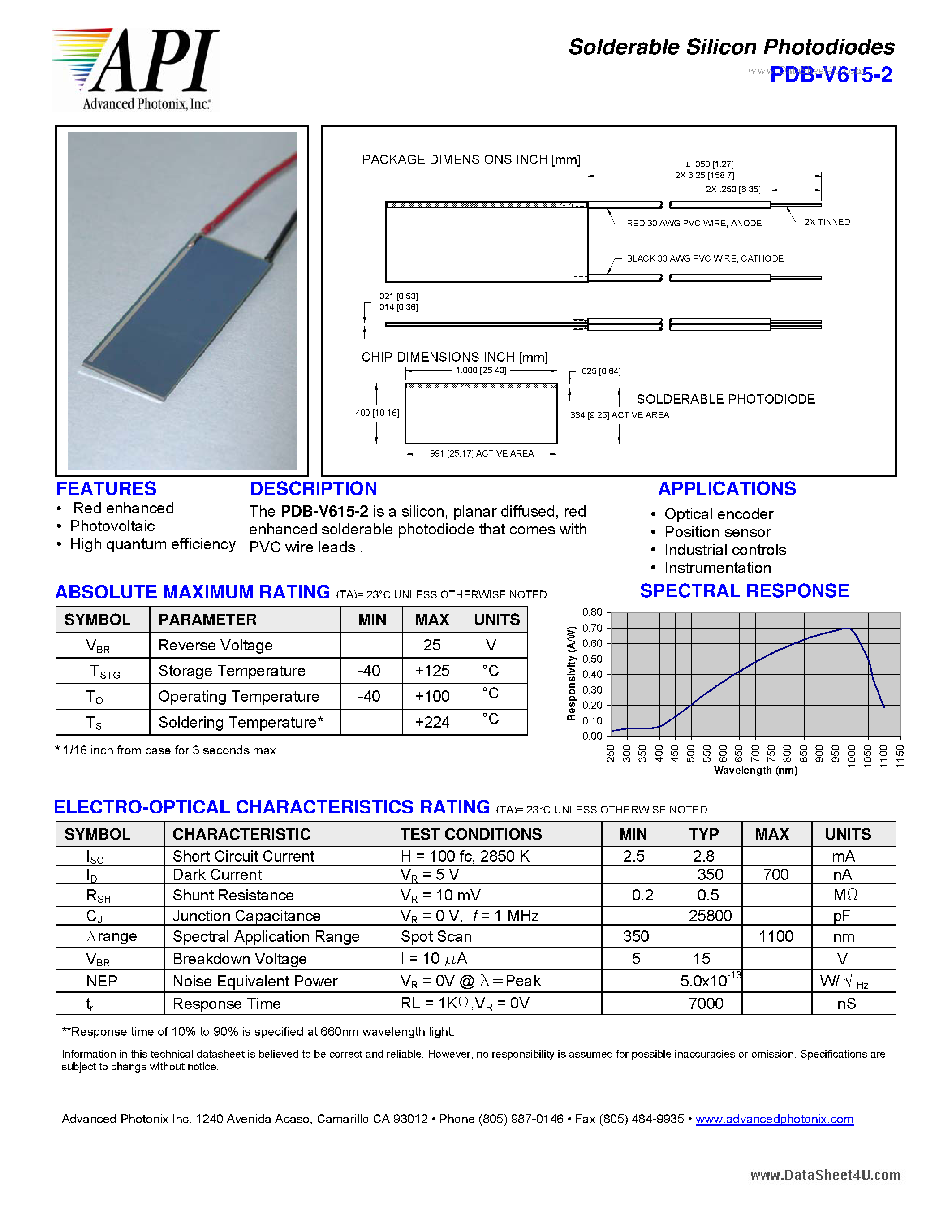 Datasheet PDB-V615-2 - Solderable Silicon Photodiodes page 1
