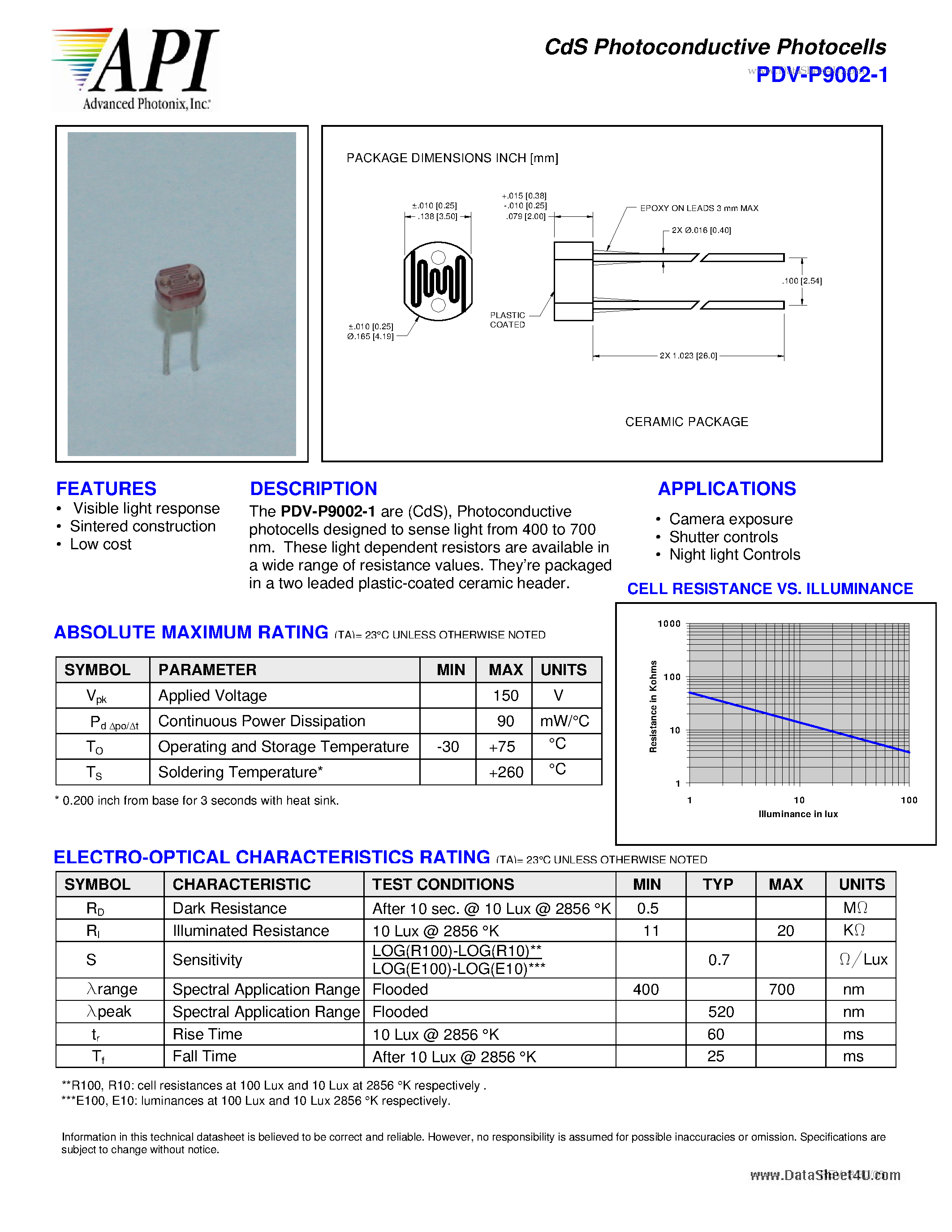 Datasheet PDV-P9002-1 page 1 Datasheet PDV-P9002-1 - CdS Photoconductive Photocells page 1