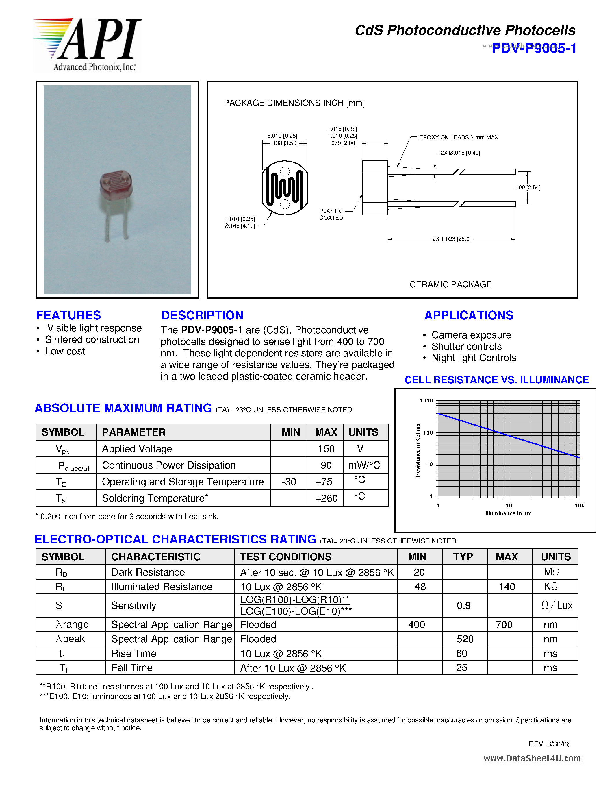 Datasheet PDV-P9005-1 - CdS Photoconductive Photocells page 1
