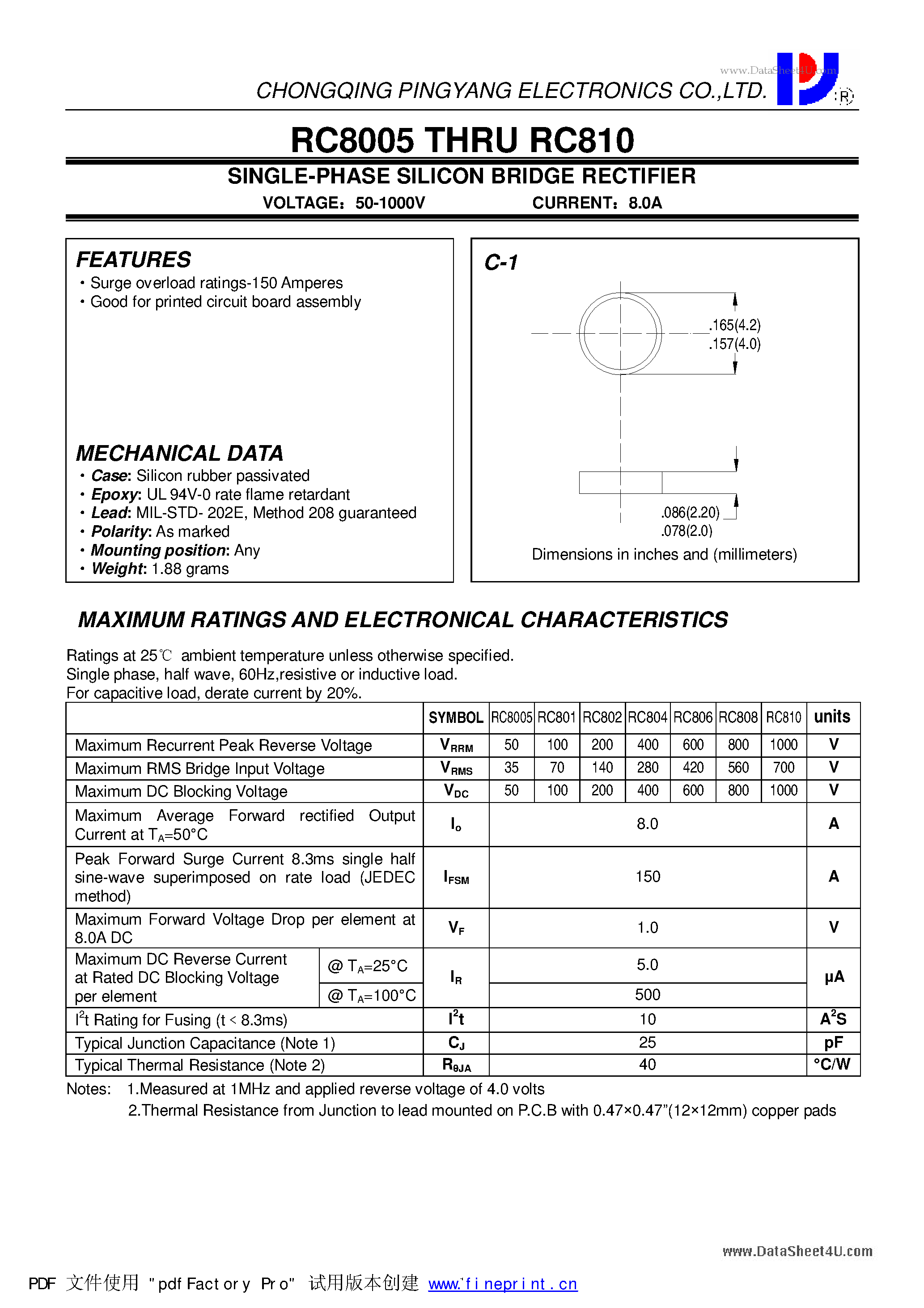 Даташит RC8005 - (RC8005 - RC810) SINGLE-PHASE SILICON BRIDGE RECTIFIER страница 1