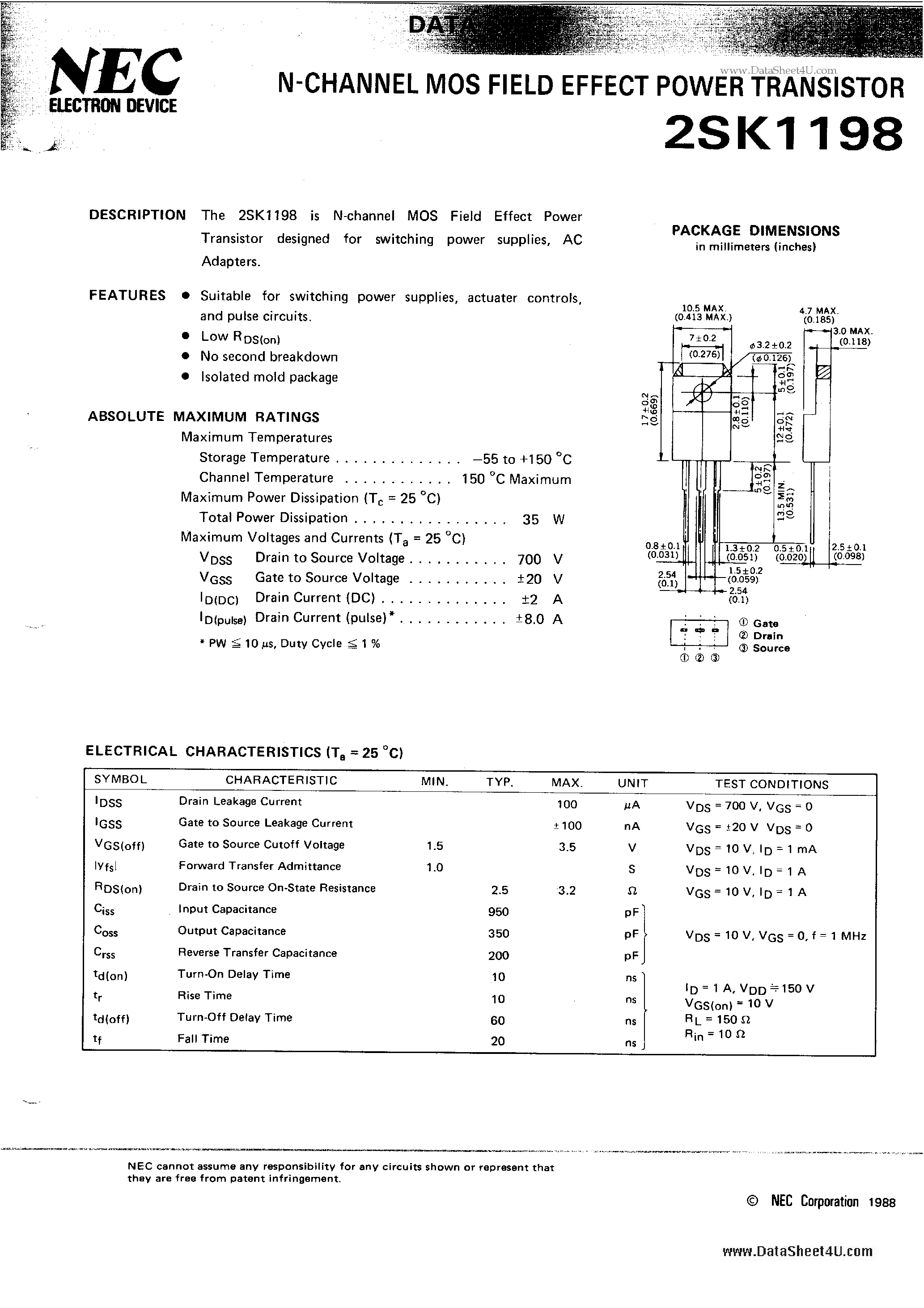 Даташит 2SK1198 - N-Channel MOS Field Effect Power Transistor страница 1