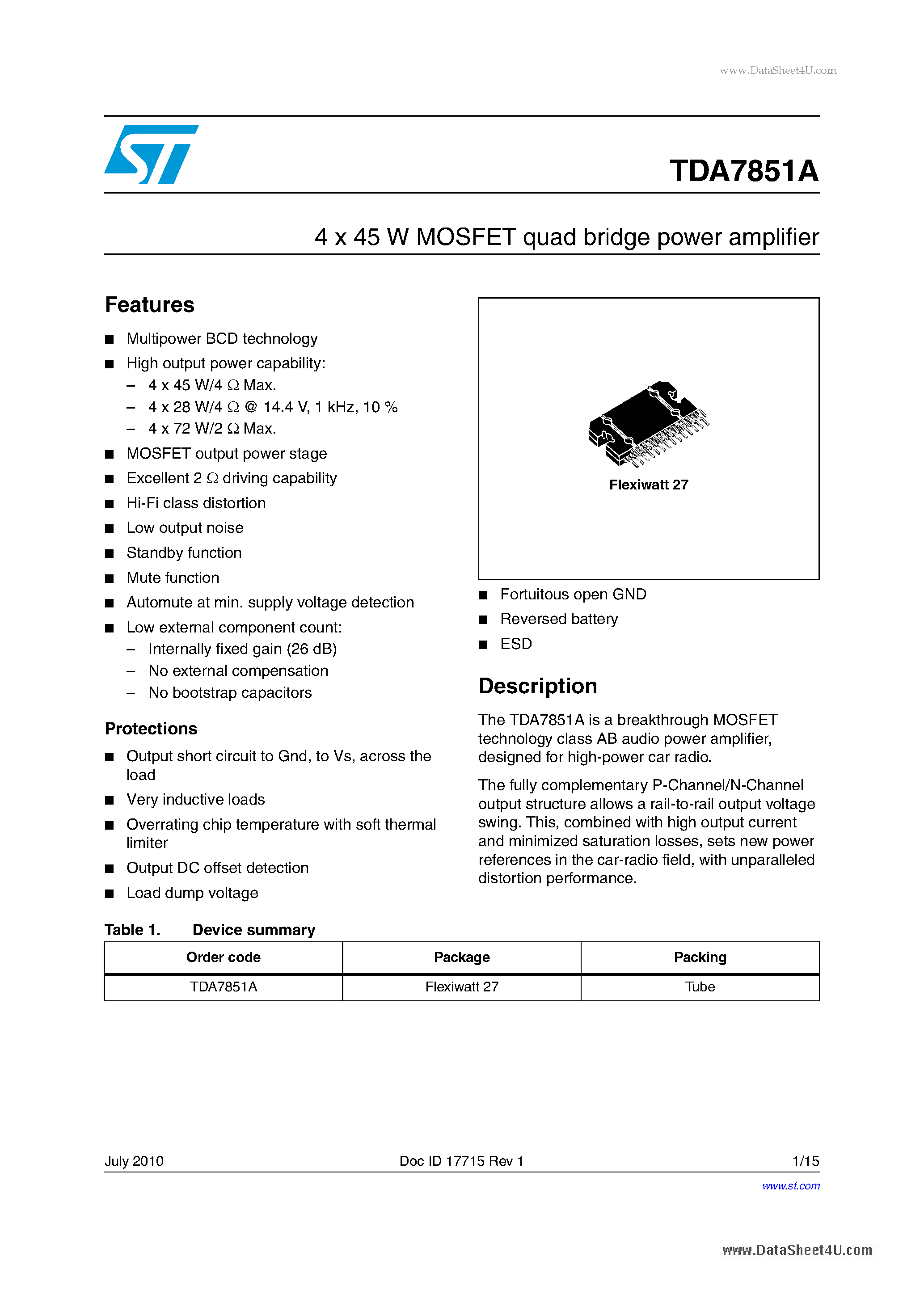 Даташит на микросхему TDA7851A страница 1 Даташит TDA7851A - 4 X 45W MOSFET Quad Bridge Power Amplifier страница 1
