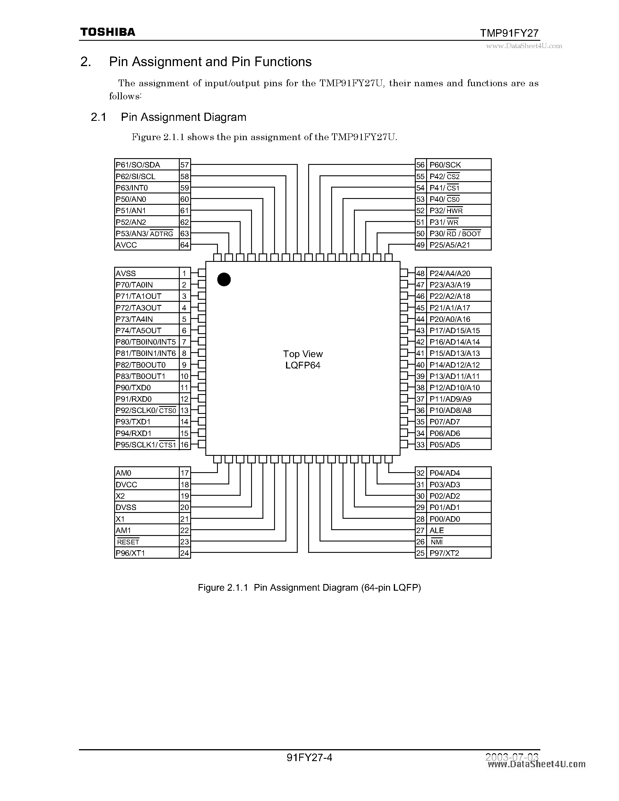 Даташит на микросхему TMP91FY27 страница 1 Даташит TMP91FY27 - Pin Assignment and Pin Functions страница 1