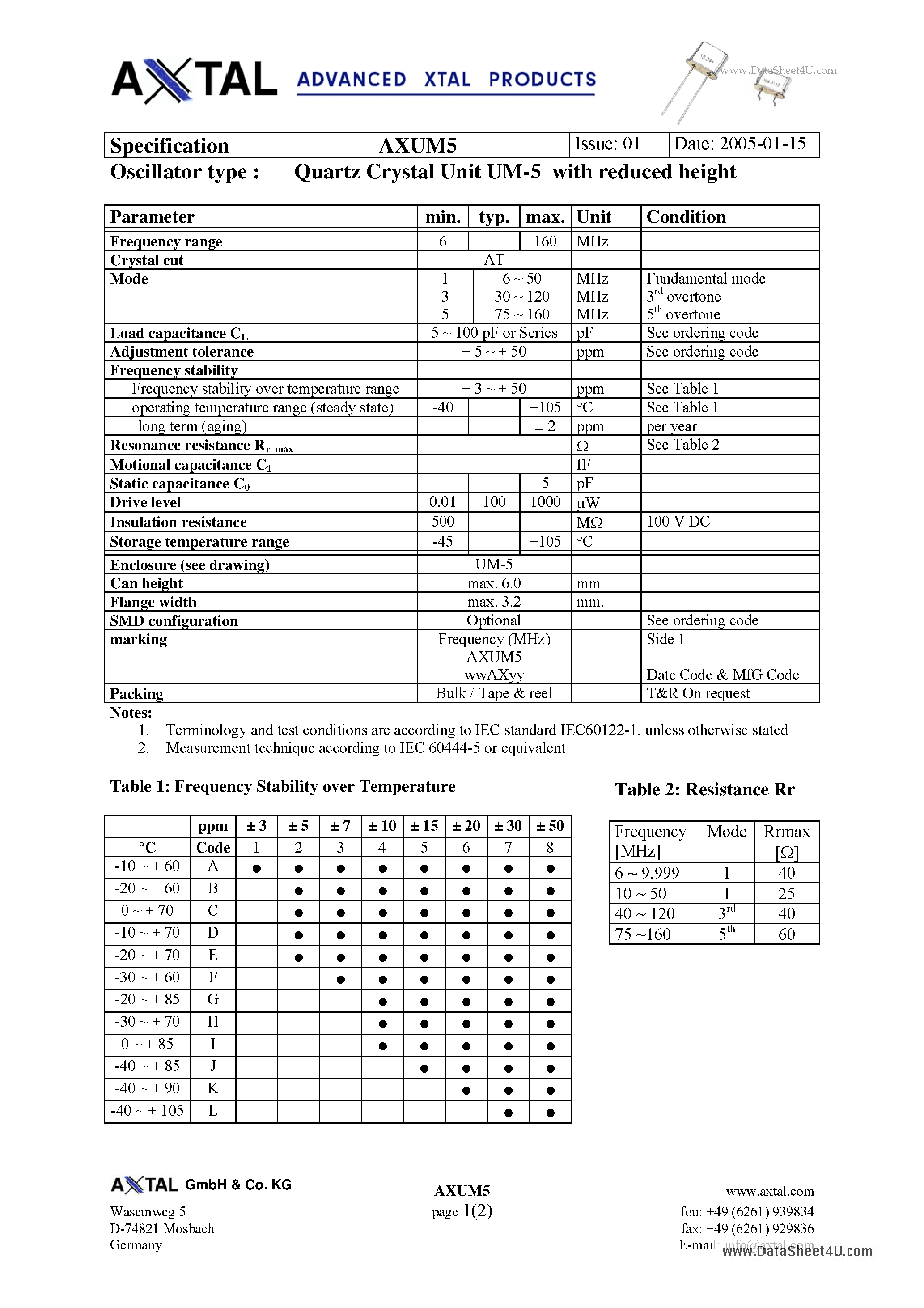 Datasheet AXUM5 - Quartz Crystal Unit UM-5 page 1