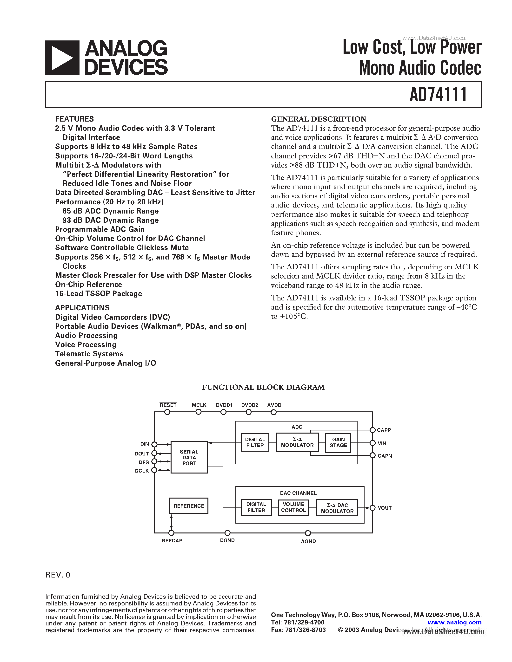 Datasheet AD74111 - Low Power Mono Audio Codec page 1