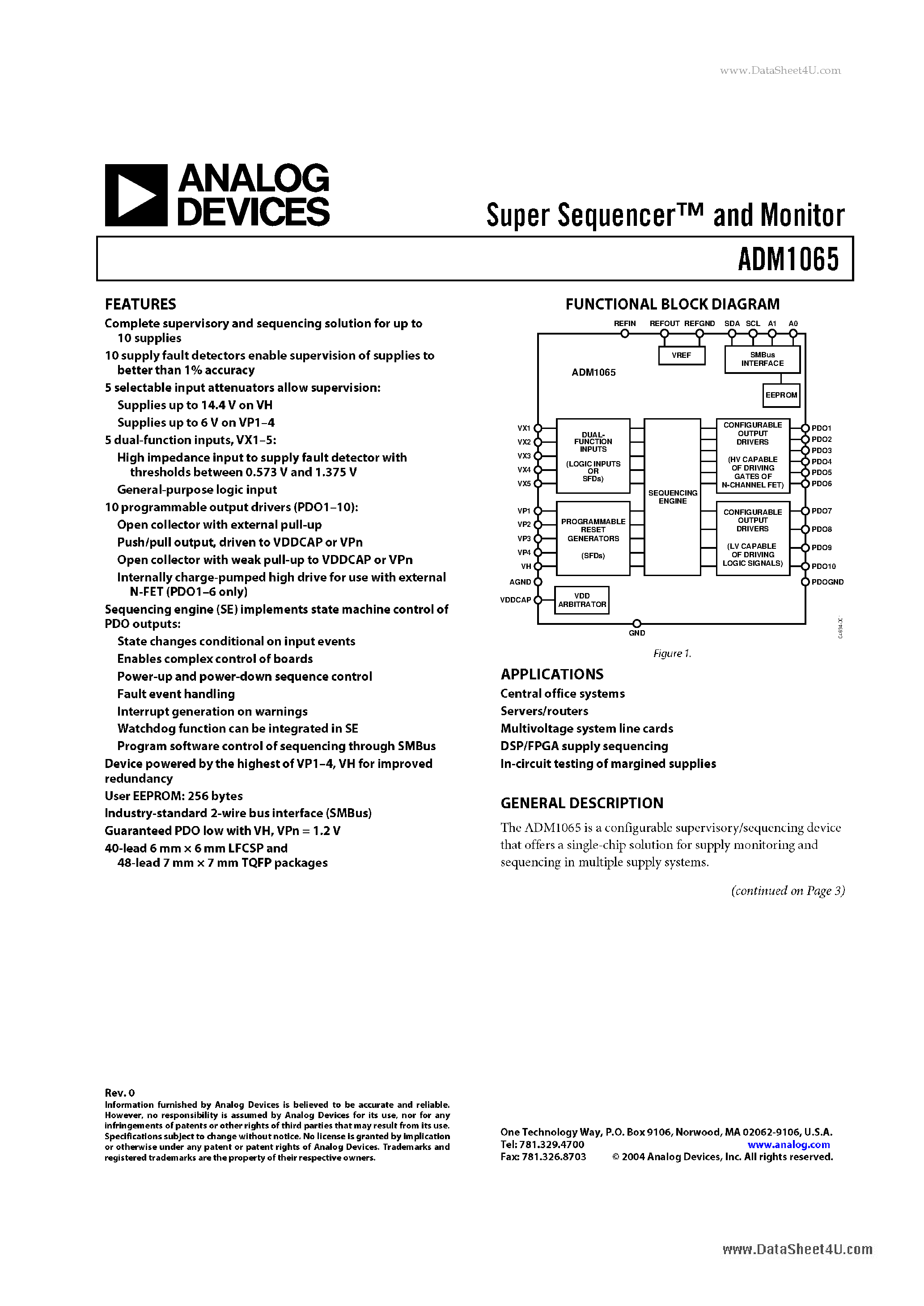 Datasheet ADM1065 page 1 Datasheet ADM1065 - Super Sequencer-TM and Monitor page 1