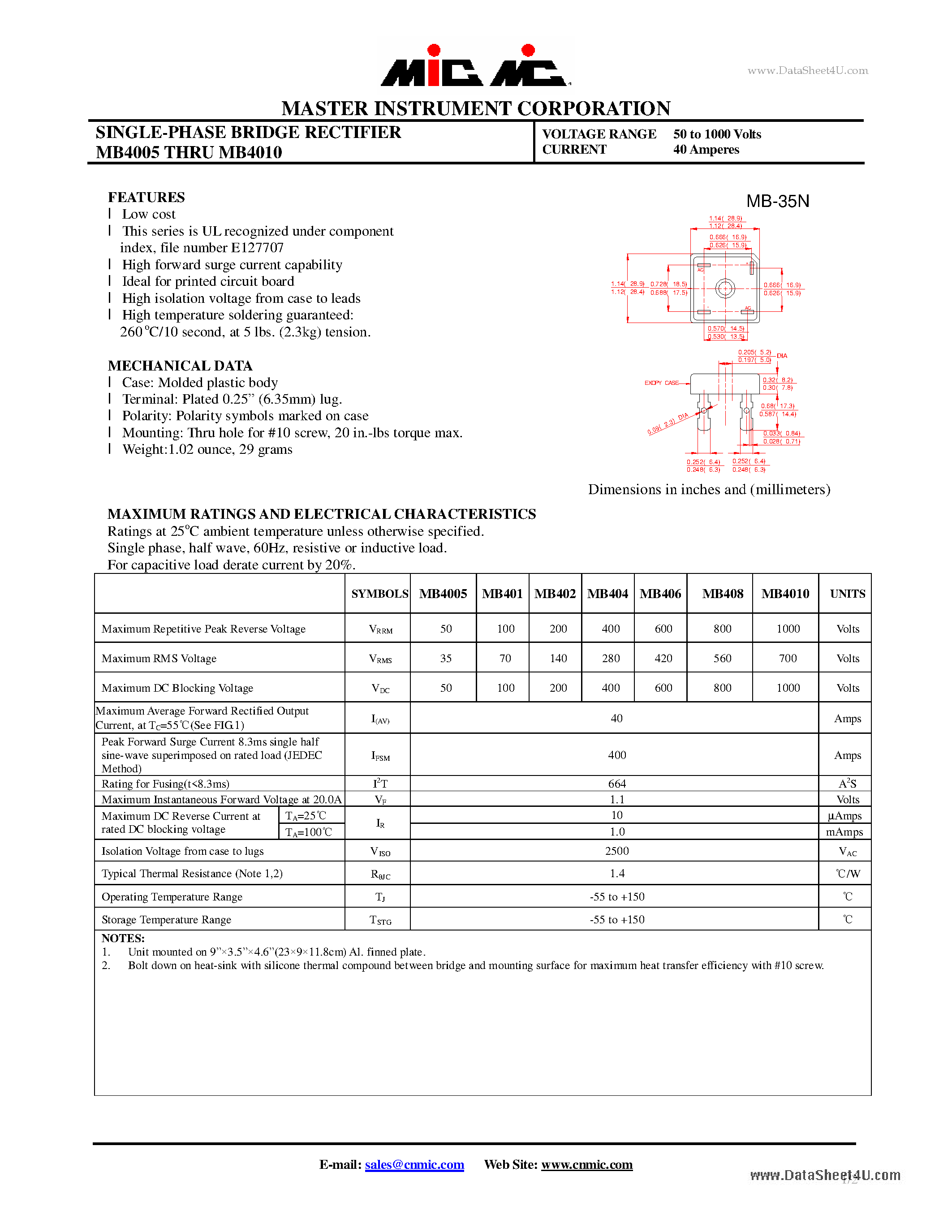 Datasheet MB4005 - SINGLE-PHASE BRIDGE RECTIFIER page 1