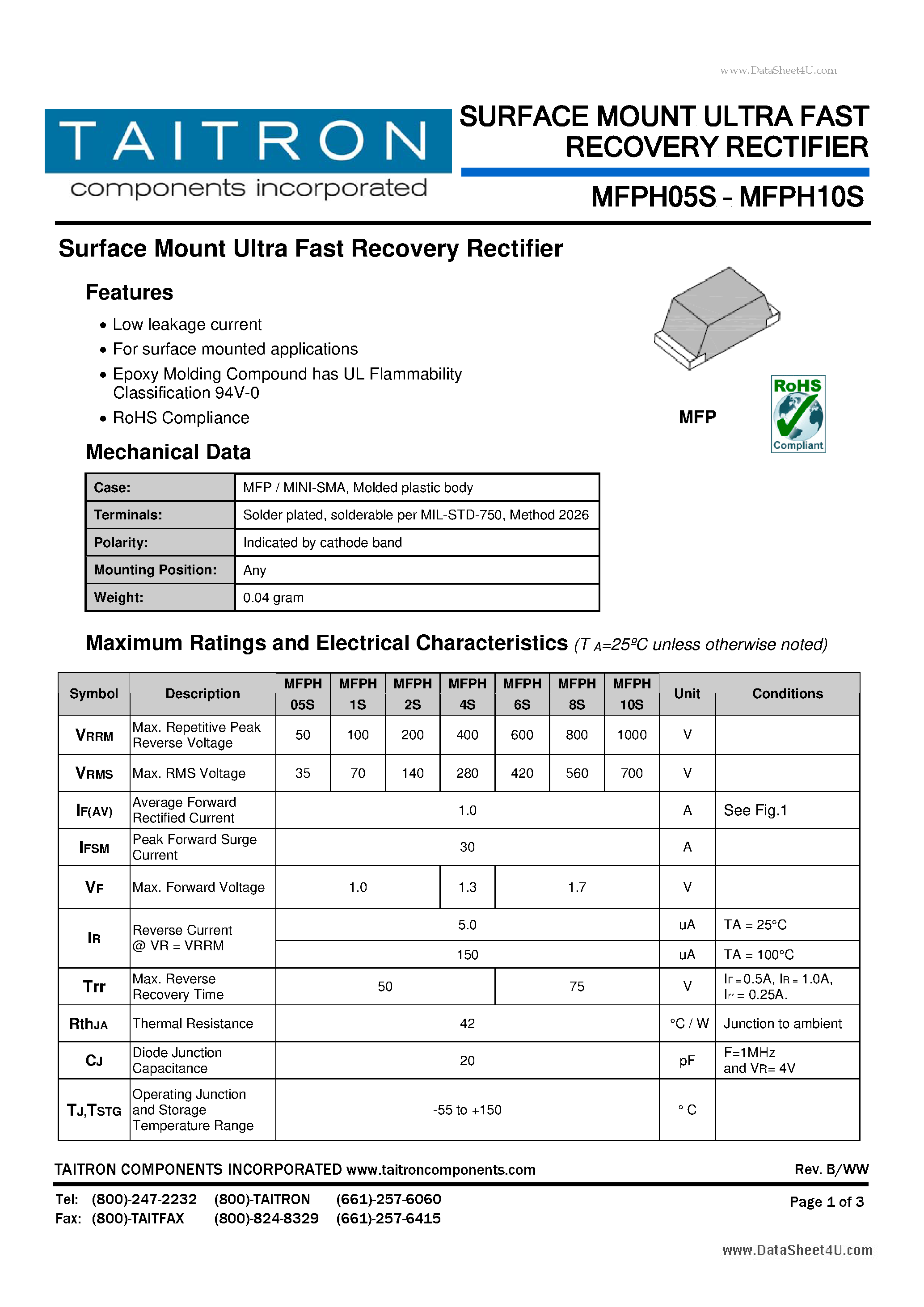 Даташит MFPH05S - Surface Mount Ultra Fast Recovery Rectifier страница 1
