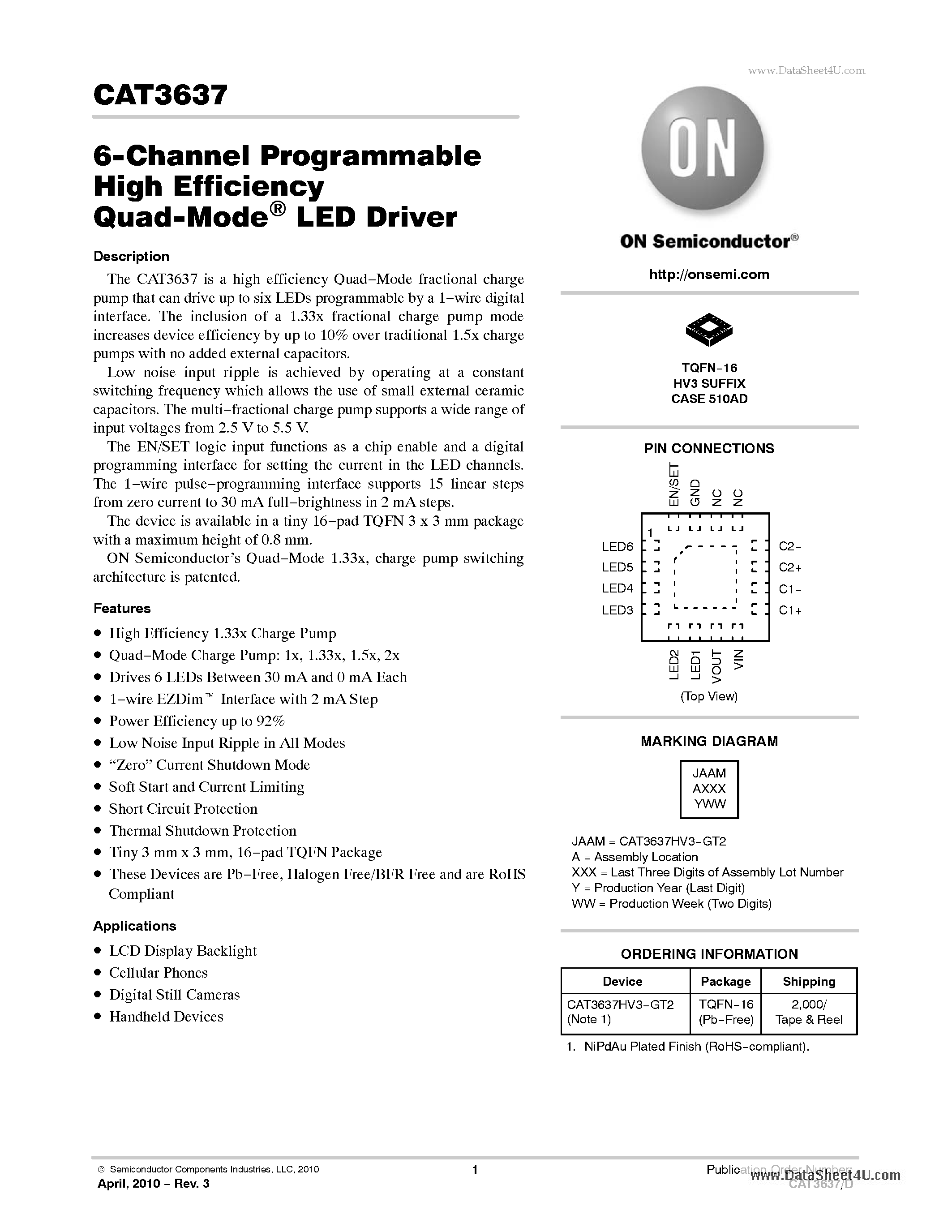 Datasheet CAT3637 - 6-Channel Programmable High Efficiency Quad-Mode LED Driver page 1
