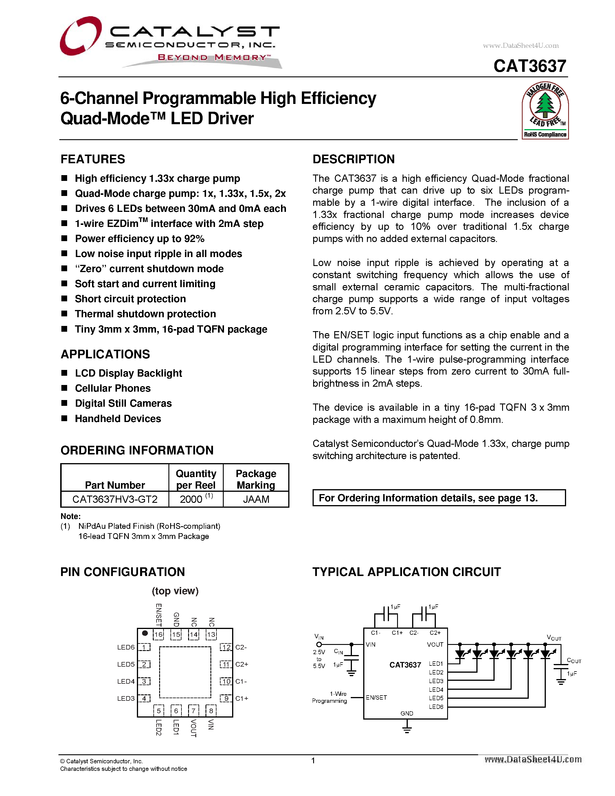 Datasheet CAT3637 - 6-Channel Programmable High Efficiency Quad-Mode LED Driver page 1