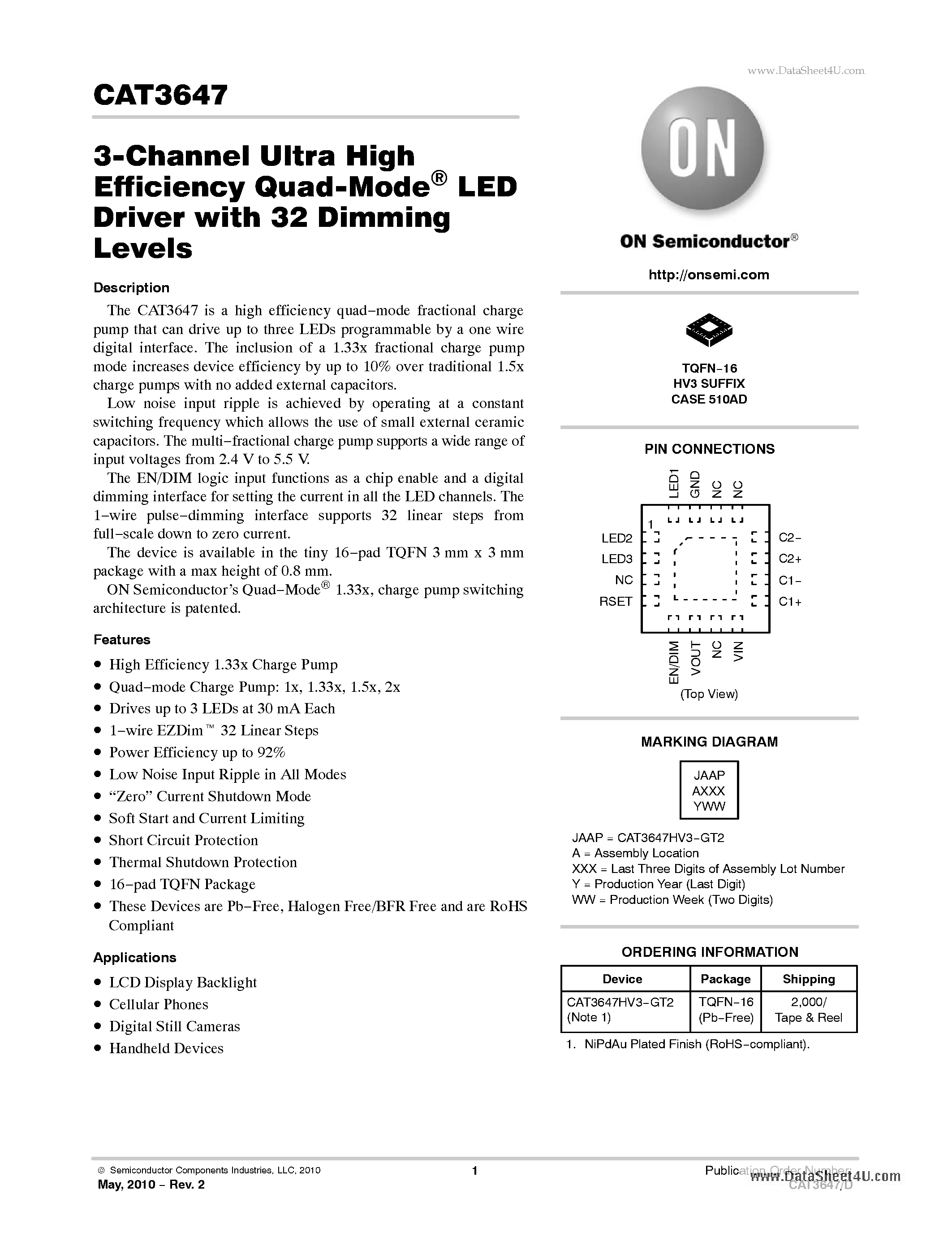 Datasheet CAT3647 page 1 Datasheet CAT3647 - 3-Channel Ultra High Efficiency Quad-Mode LED Driver page 1