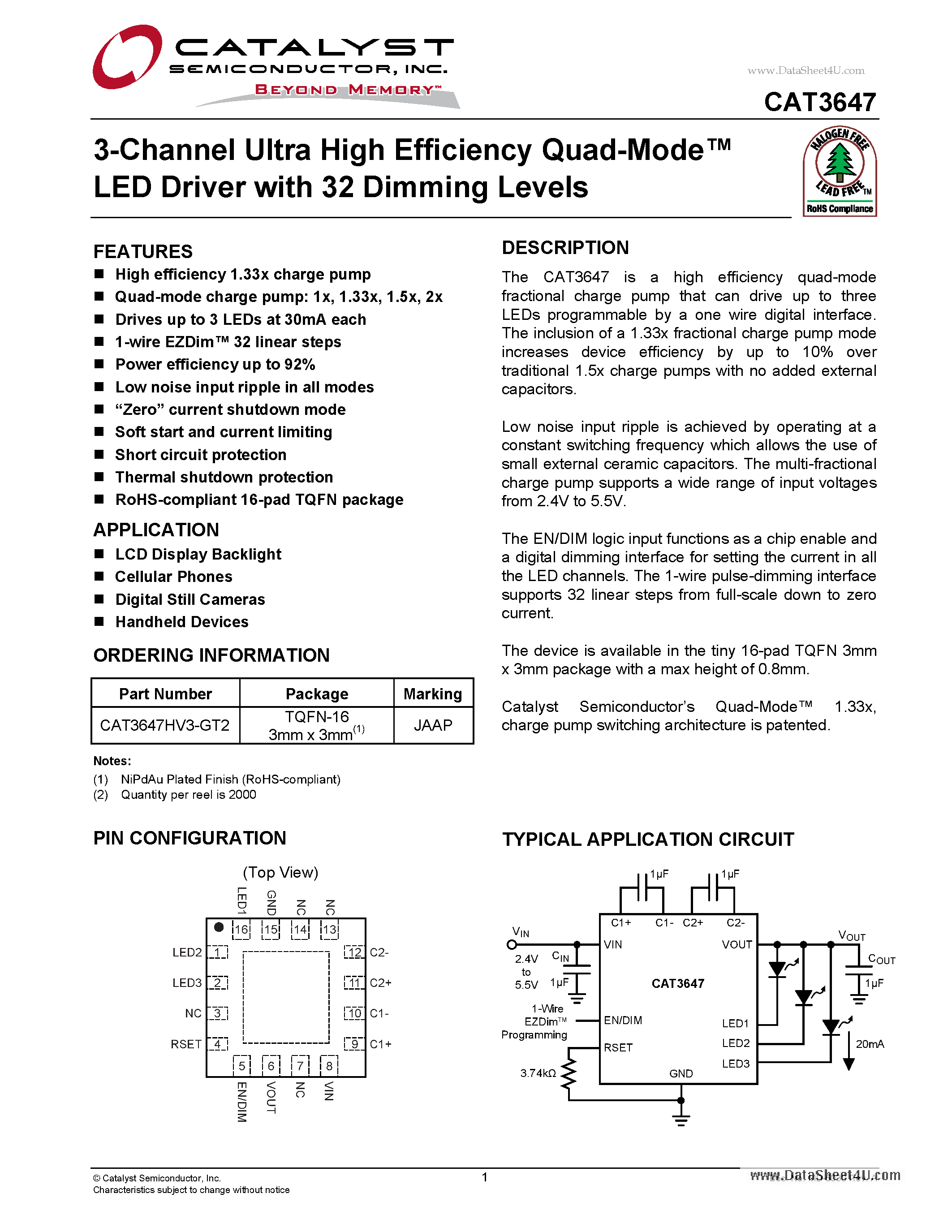 Datasheet CAT3647 page 1 Datasheet CAT3647 - 3-Channel Ultra High Efficiency Quad-Mode LED Driver page 1
