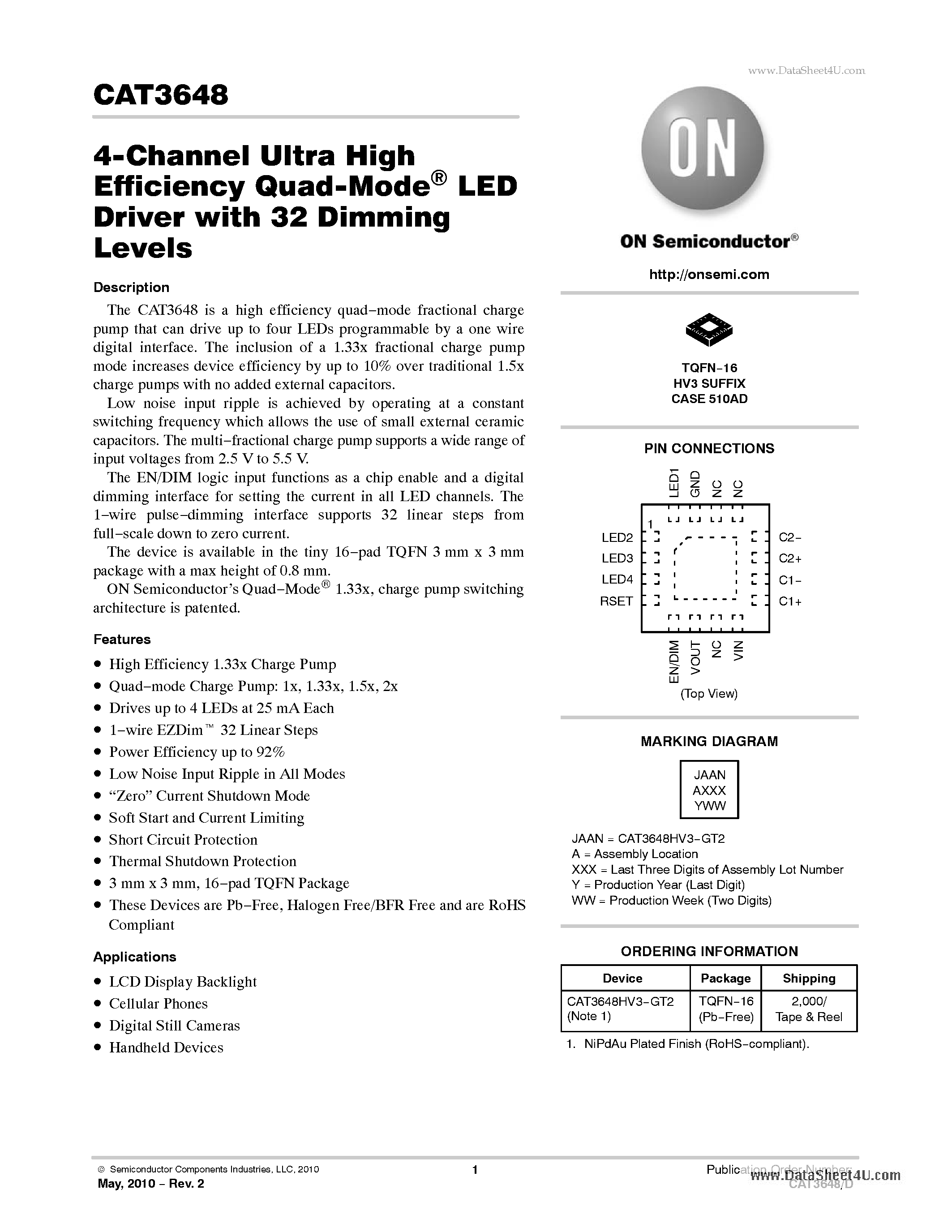 Datasheet CAT3648 - 4-Channel Ultra High Efficiency Quad-Mode LED Driver page 1