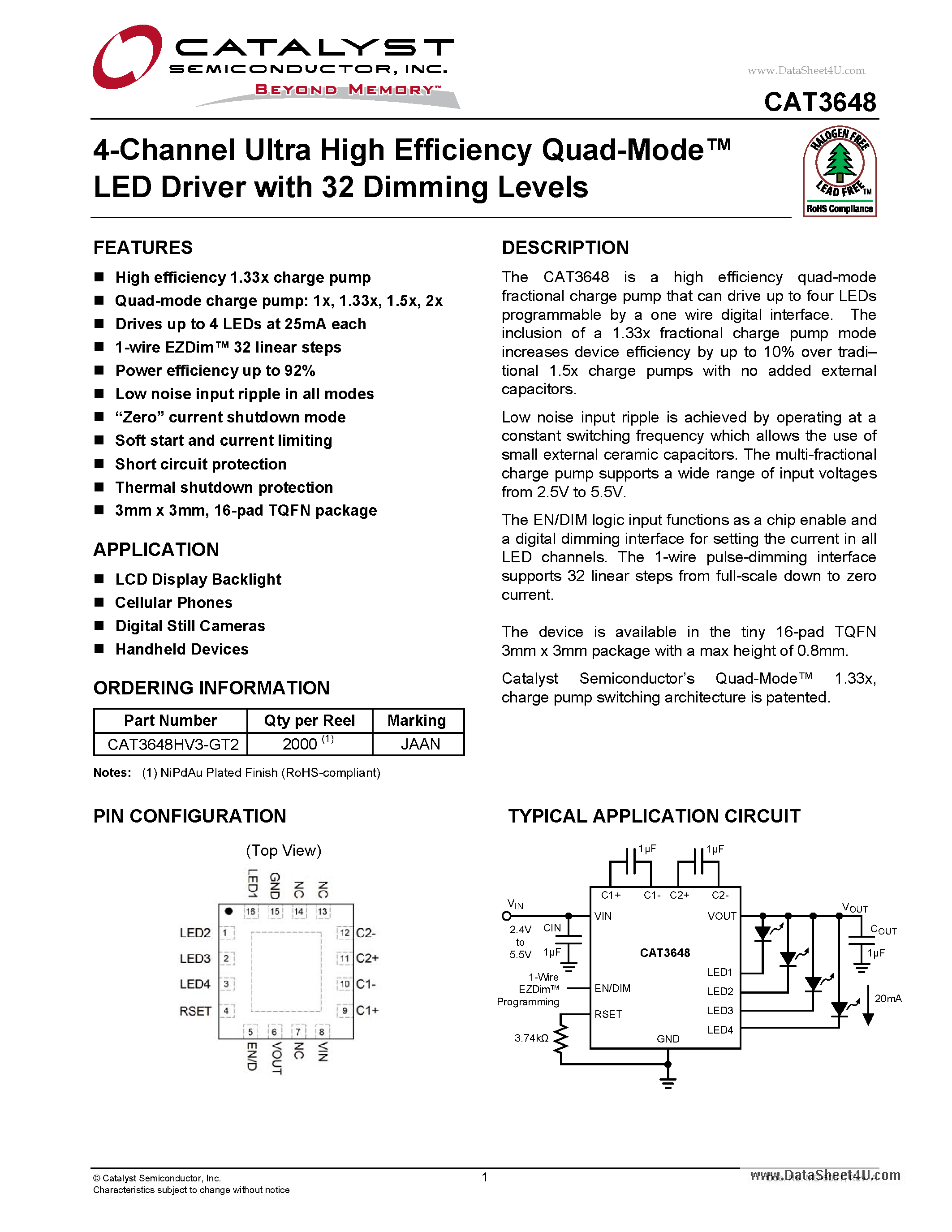 Datasheet CAT3648 - 4-Channel Ultra High Efficiency Quad-Mode LED Driver page 1
