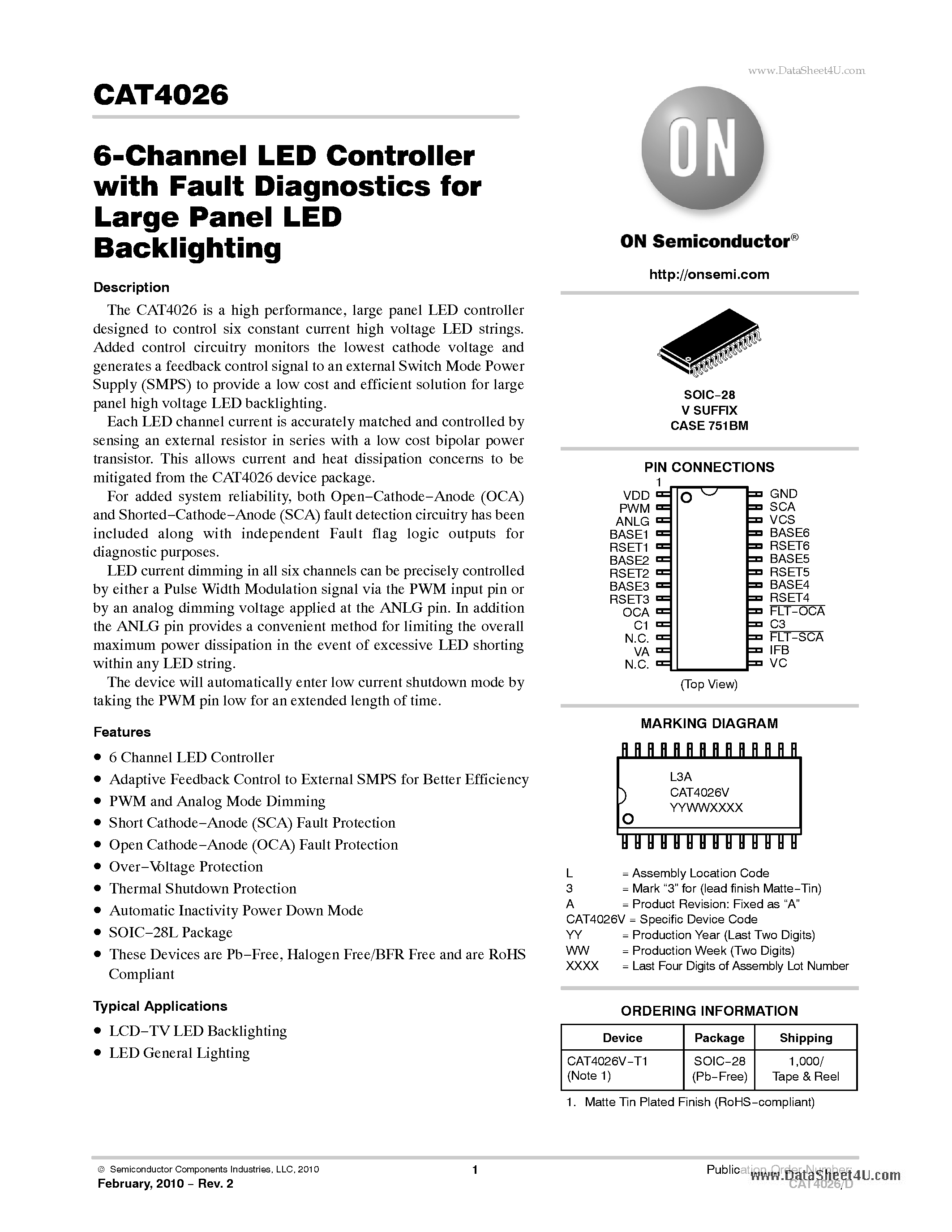 Datasheet CAT4026 - 6-Channel LED Controller with Fault Diagnostics page 1
