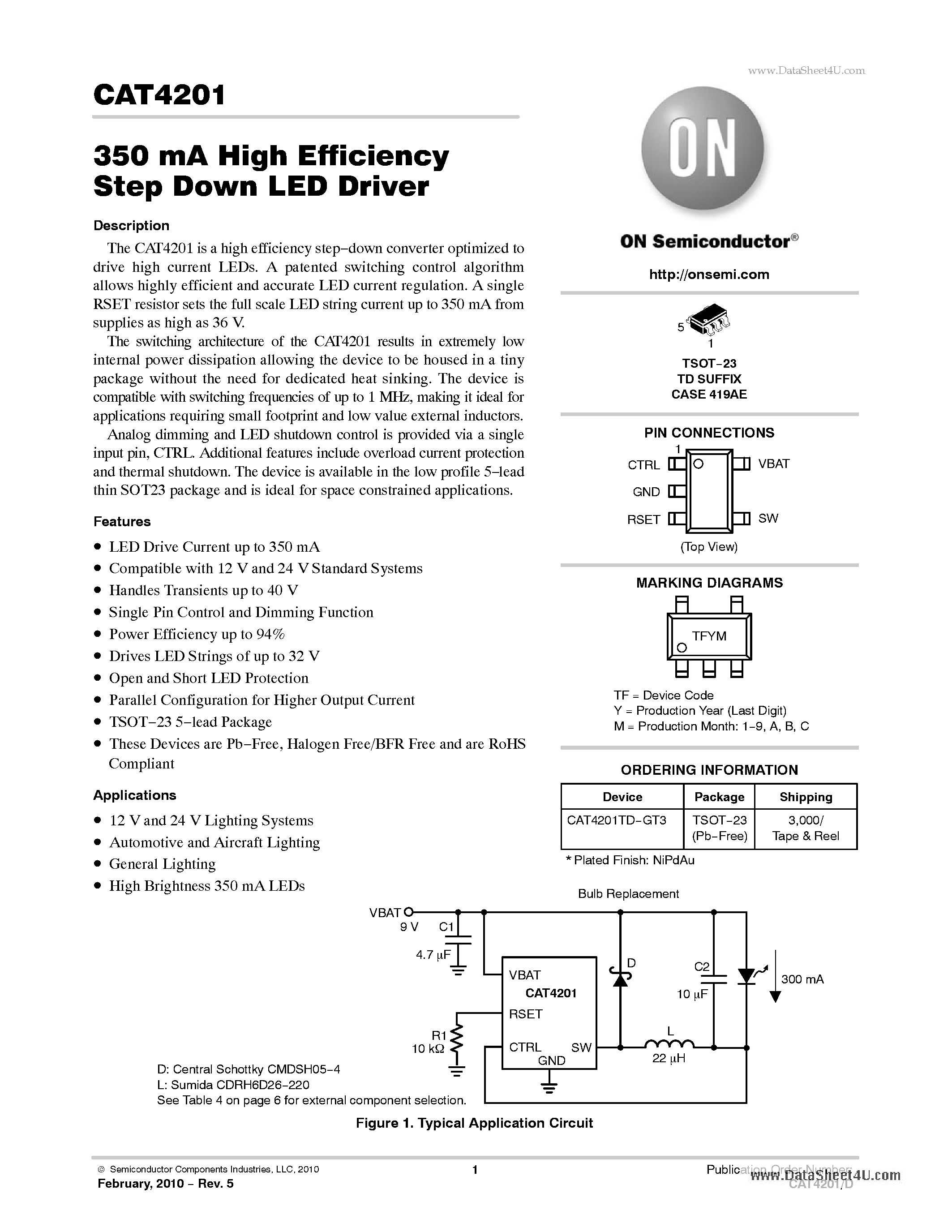 Даташит CAT4201 - 350 mA High Efficiency Step Down LED Driver страница 1