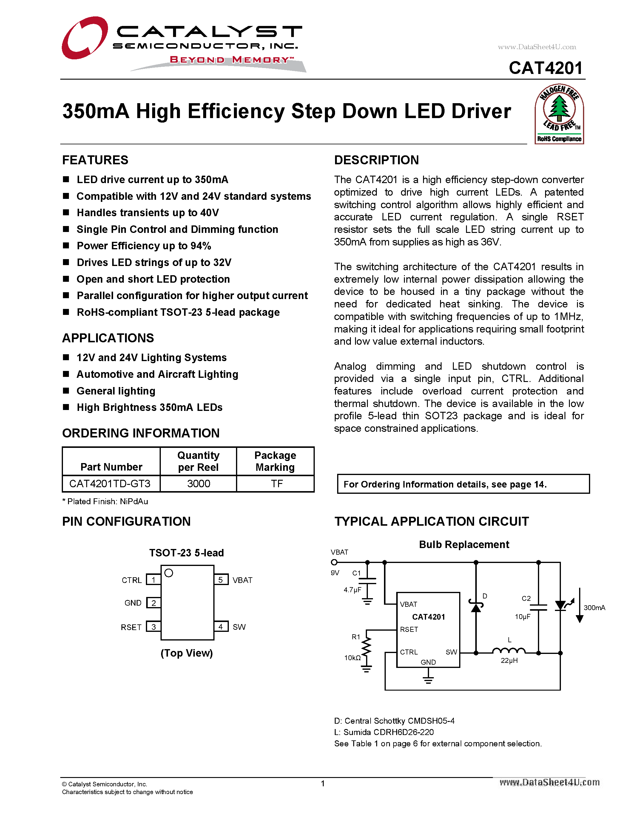 Даташит CAT4201 - 350mA High Efficiency Step Down LED Driver страница 1