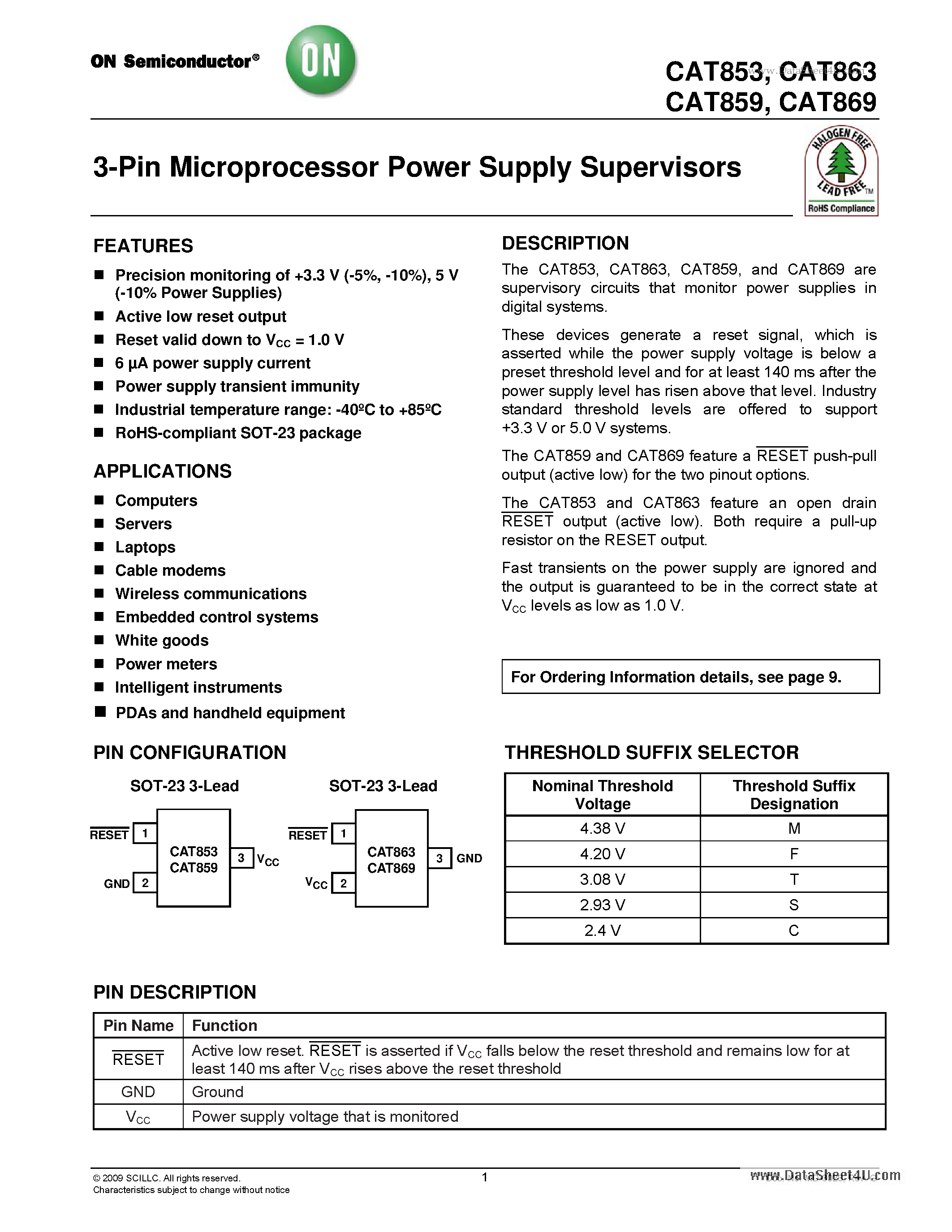 Datasheet CAT853 page 1 Datasheet CAT853 - 3-Pin Microprocessor Power Supply Supervisors page 1