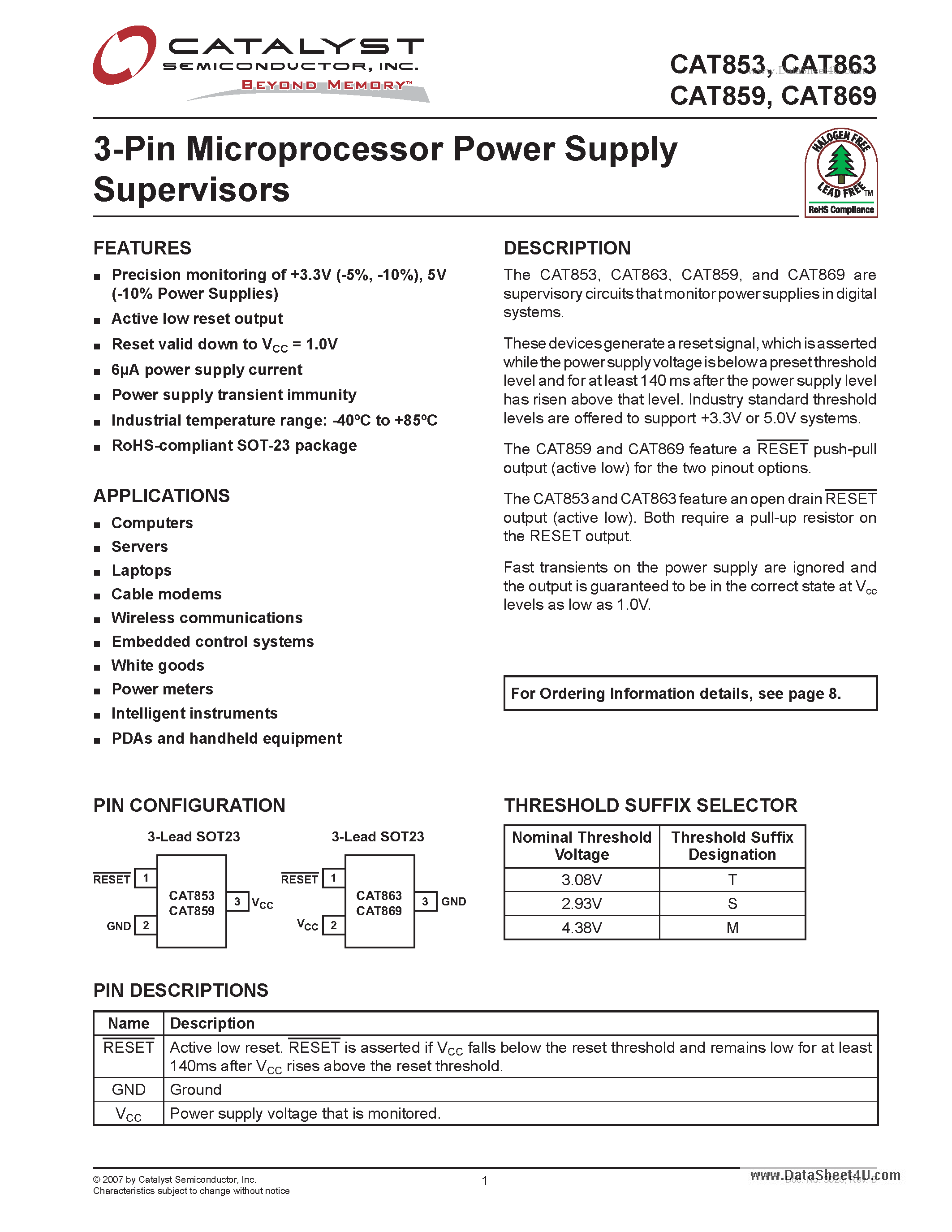 Datasheet CAT853 page 1 Datasheet CAT853 - 3-Pin Microprocessor Power Supply Supervisors page 1