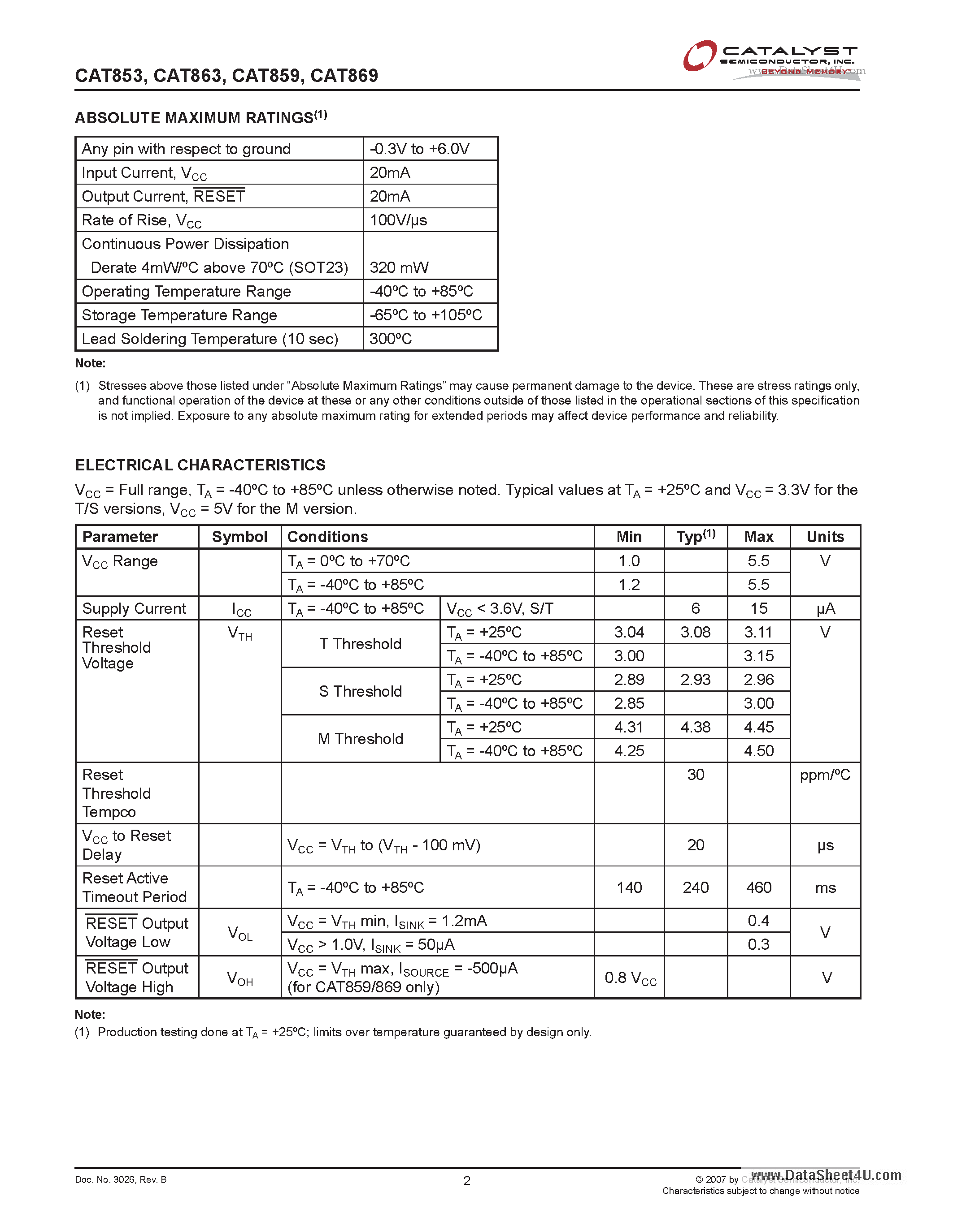 Datasheet CAT853 page 2 Datasheet CAT853 - 3-Pin Microprocessor Power Supply Supervisors page 2