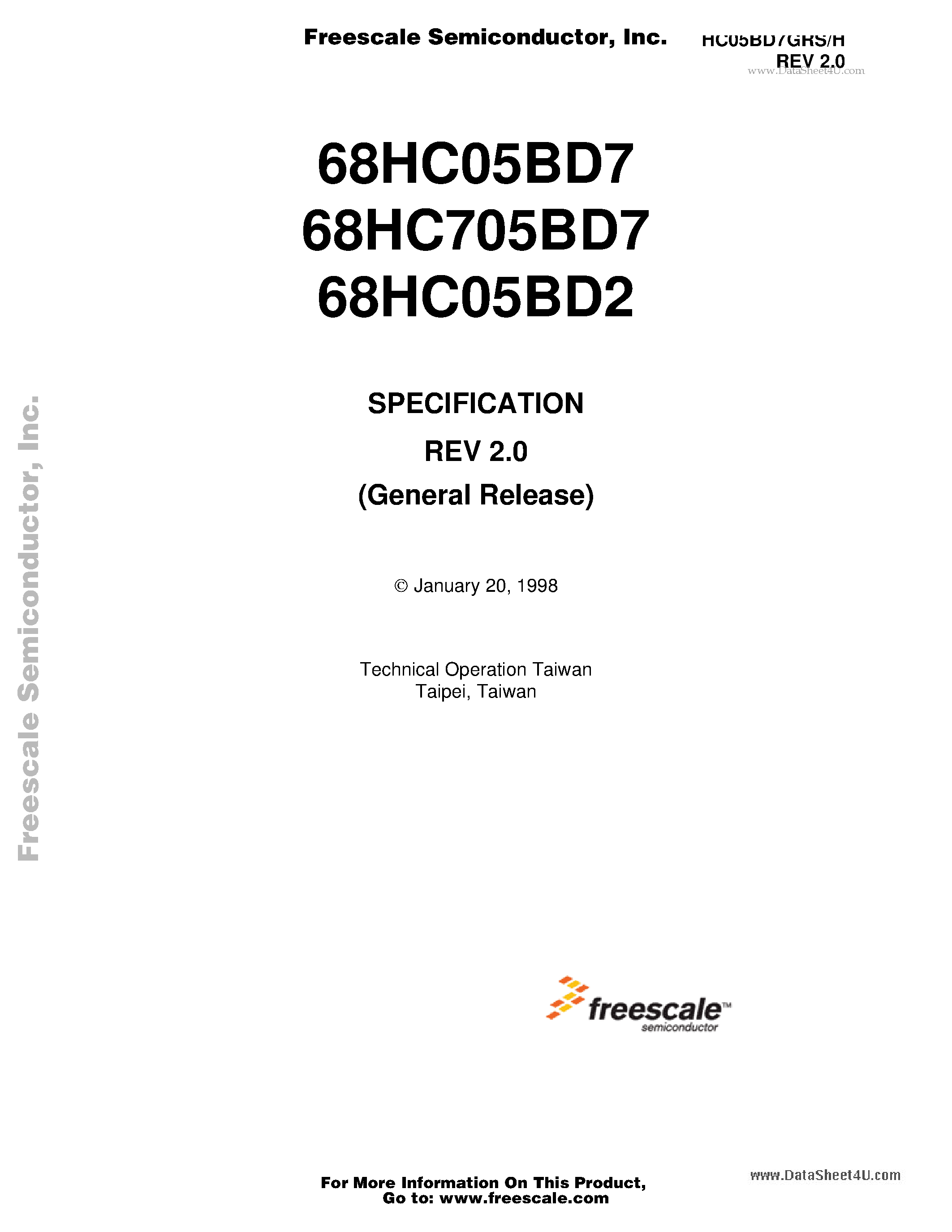 Datasheet 68HC05BD2 - SPECIFICATION REV 2.0 (General Release) page 1