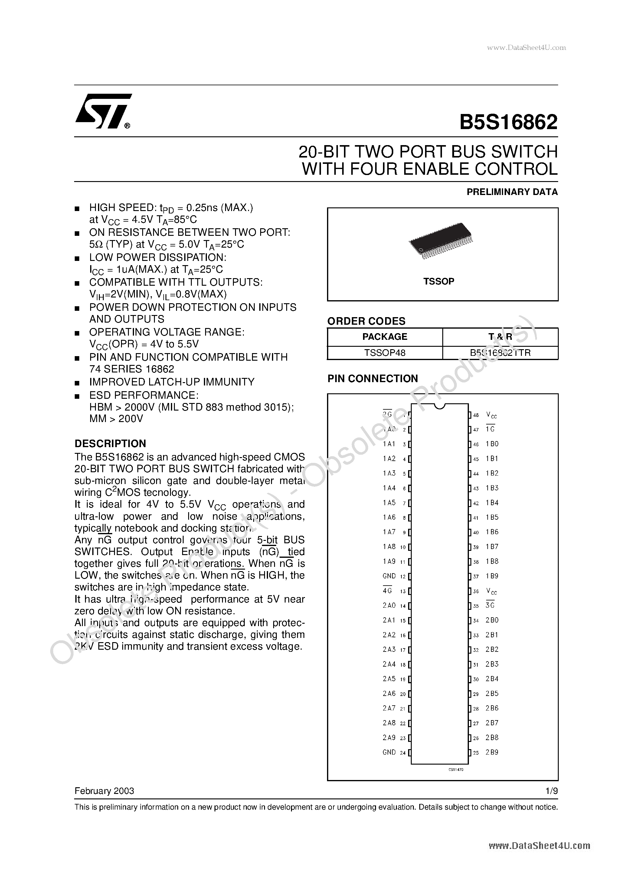 Даташит на микросхему B5S16862 страница 1 Даташит B5S16862 - 20-BIT TWO PORT BUS SWITCH страница 1