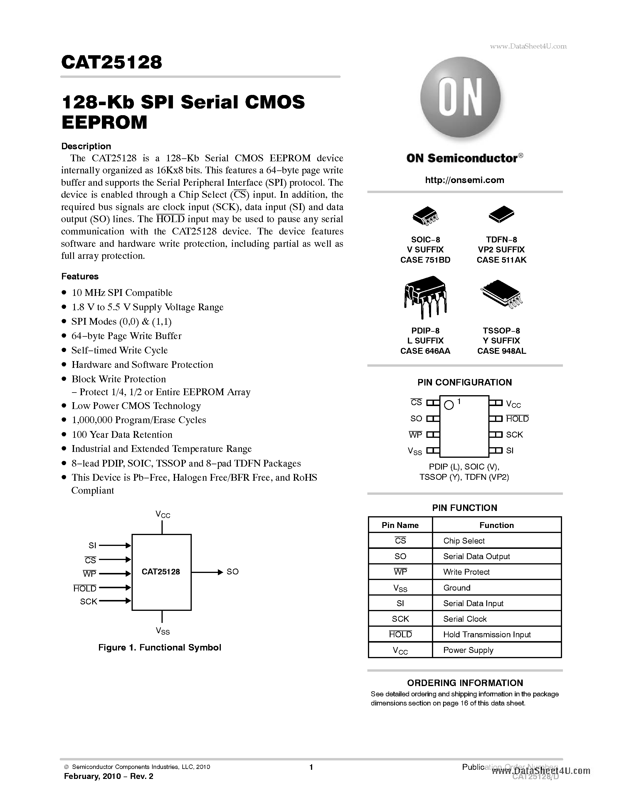 Datasheet CAT25128 page 1 Datasheet CAT25128 - 128-Kb SPI Serial CMOS EEPROM page 1