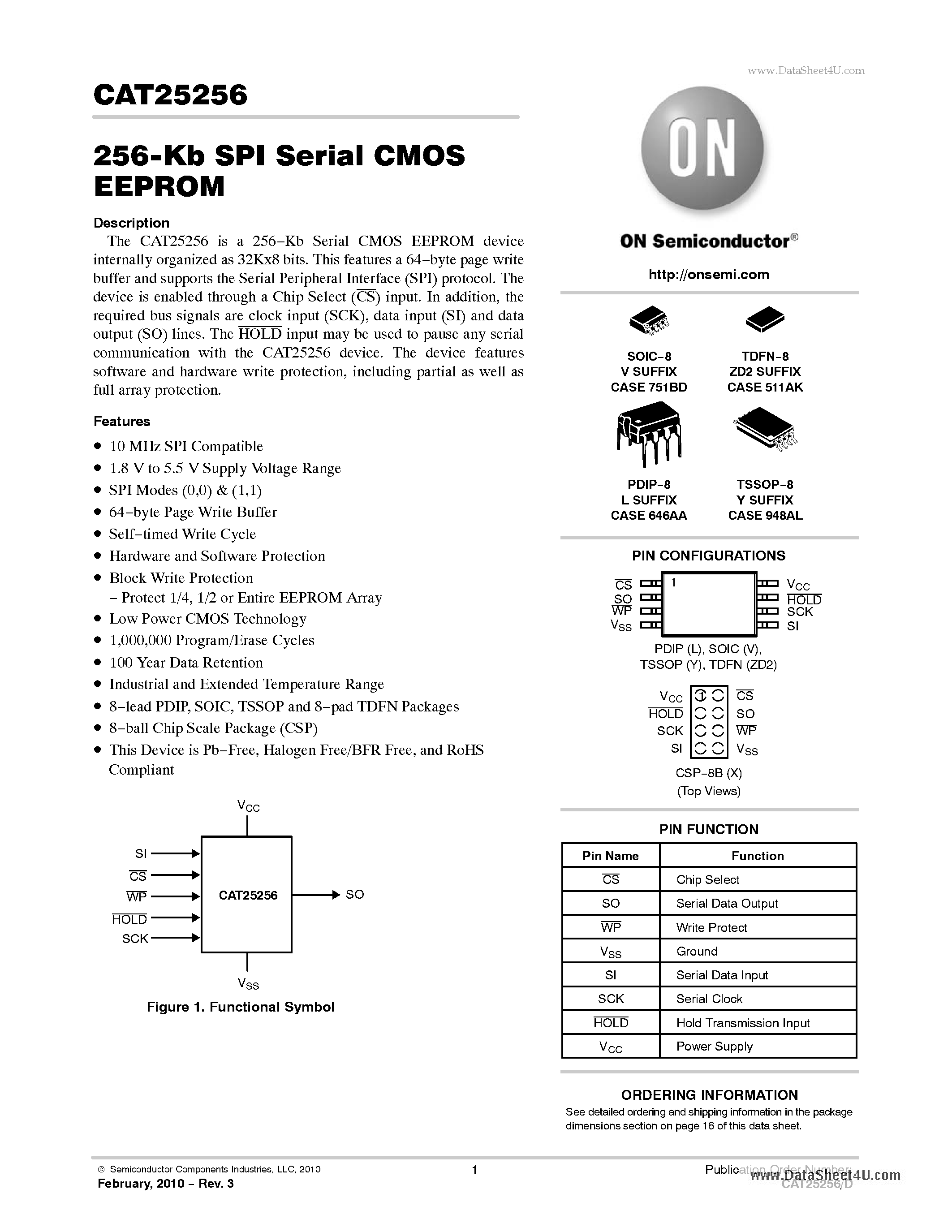 Datasheet CAT25256 page 1 Datasheet CAT25256 - 256-Kb SPI Serial CMOS EEPROM page 1