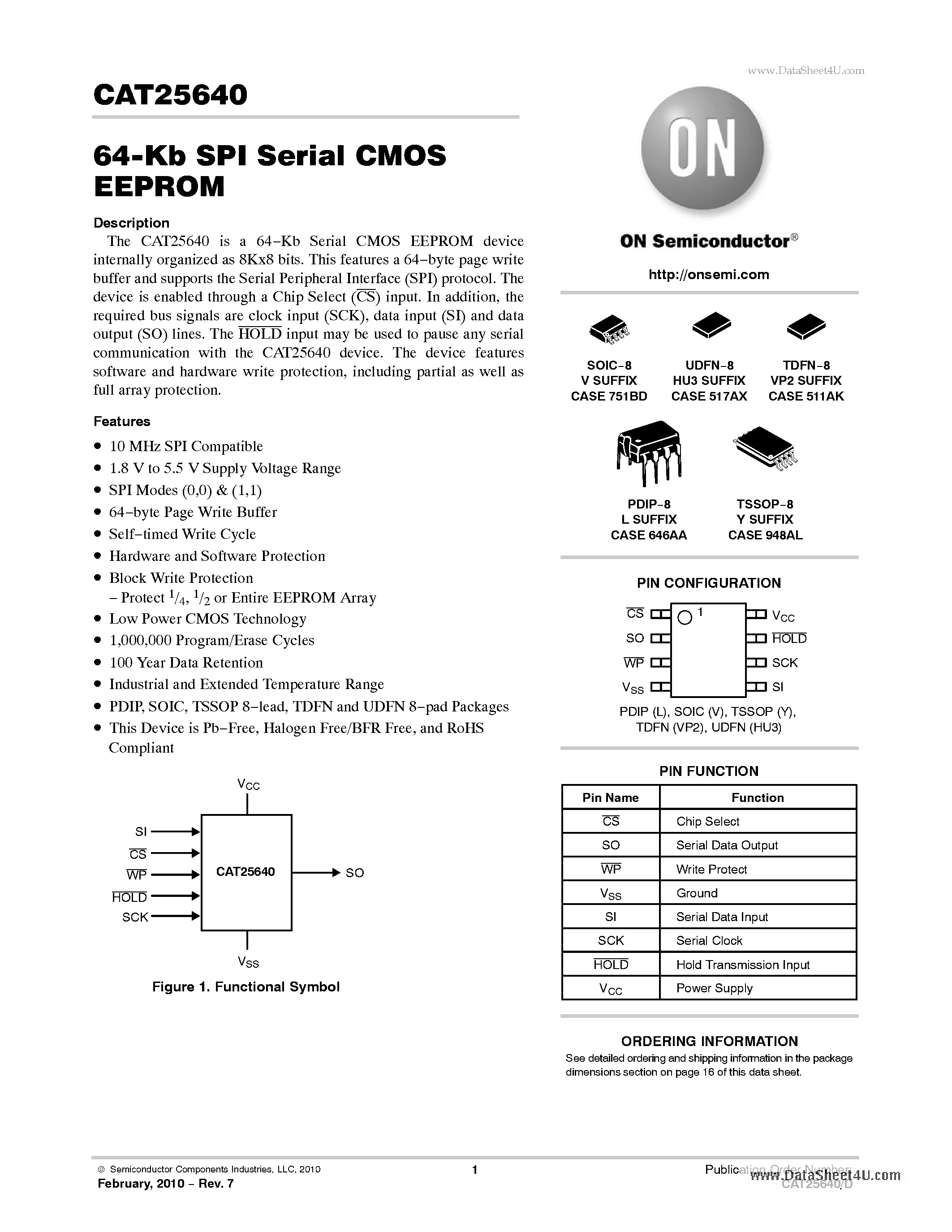 Datasheet CAT25640 - 64-Kb SPI Serial CMOS EEPROM page 1