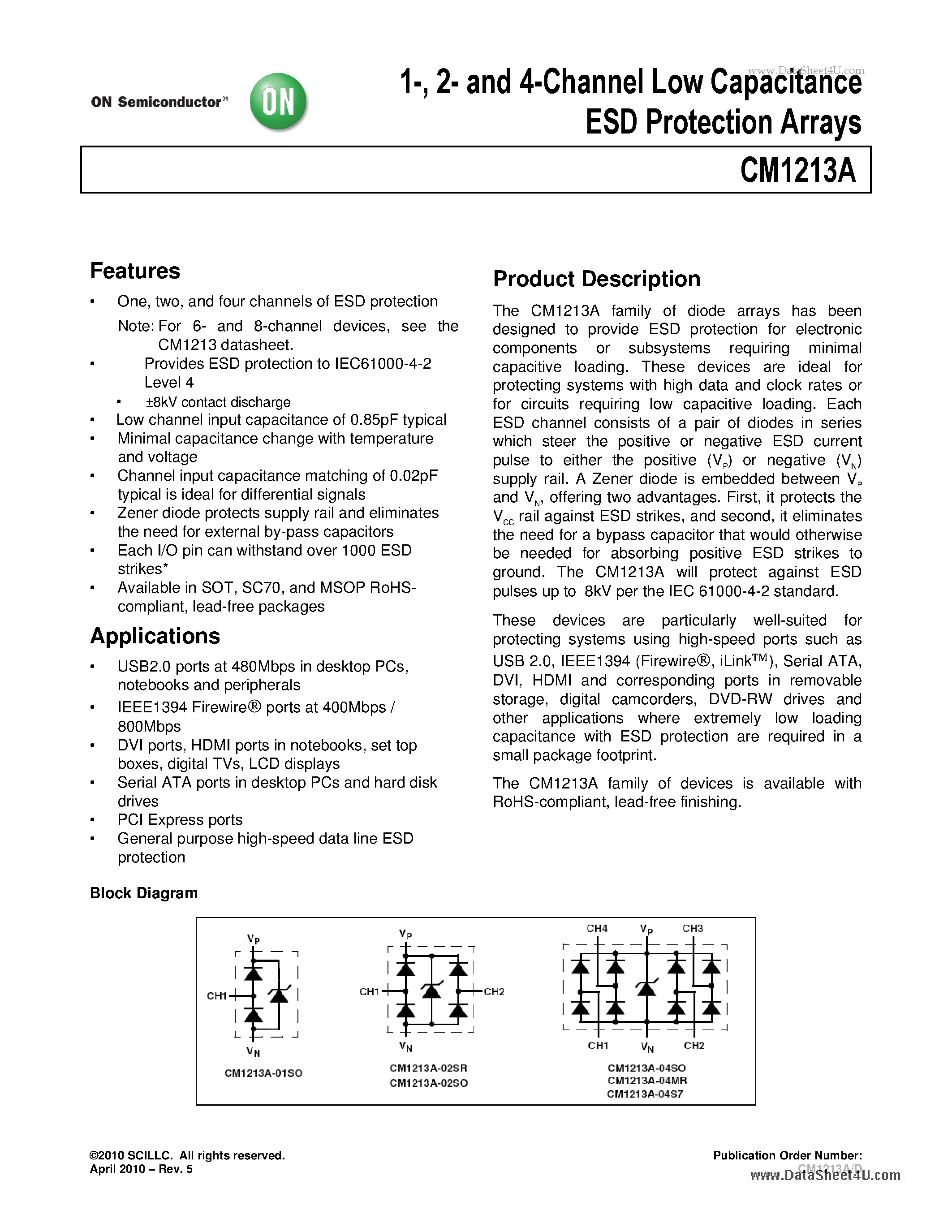 Datasheet CM1213A - 2- and 4-Channel Low Capacitance ESD Protection Arrays page 1