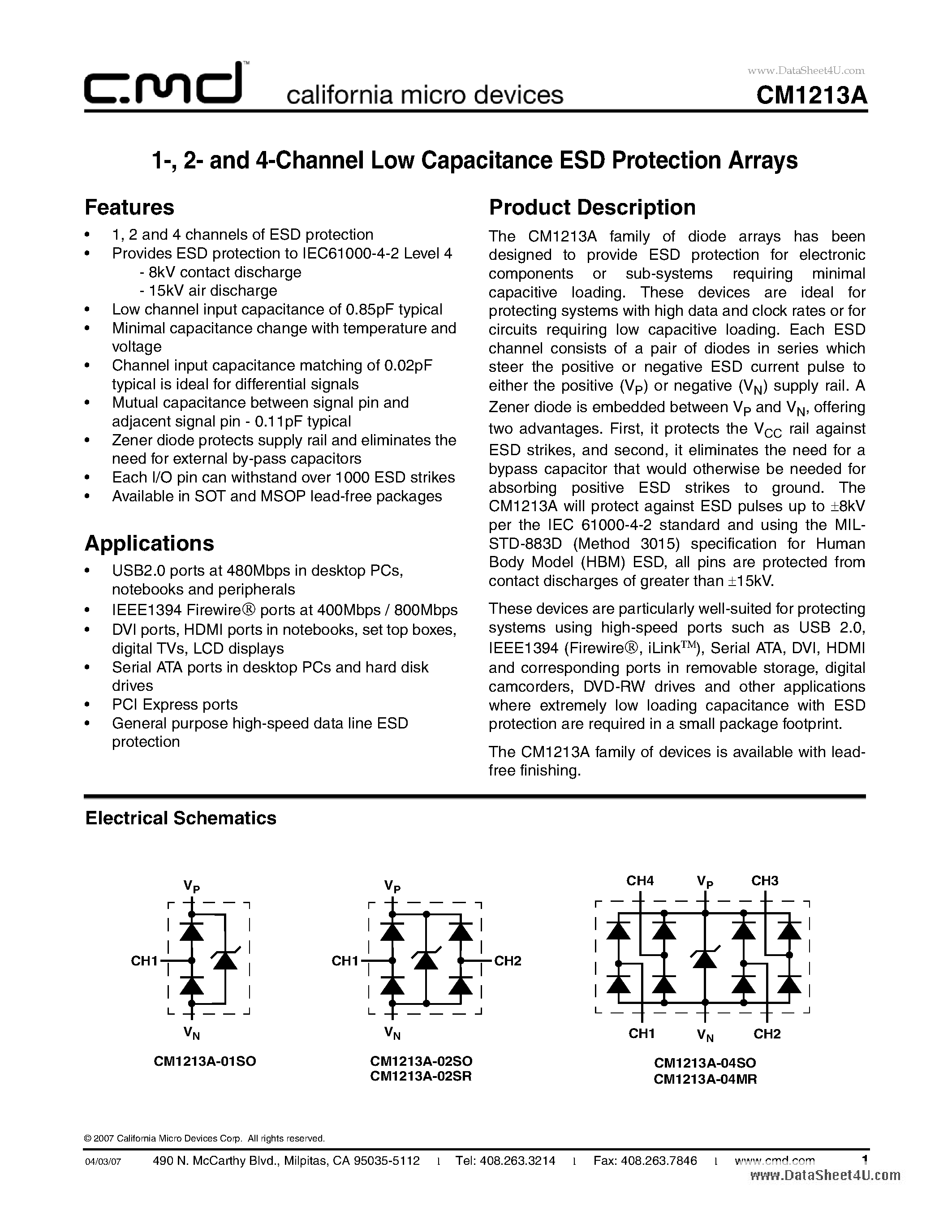 Datasheet CM1213A - 2- and 4-Channel Low Capacitance ESD Protection Arrays page 1