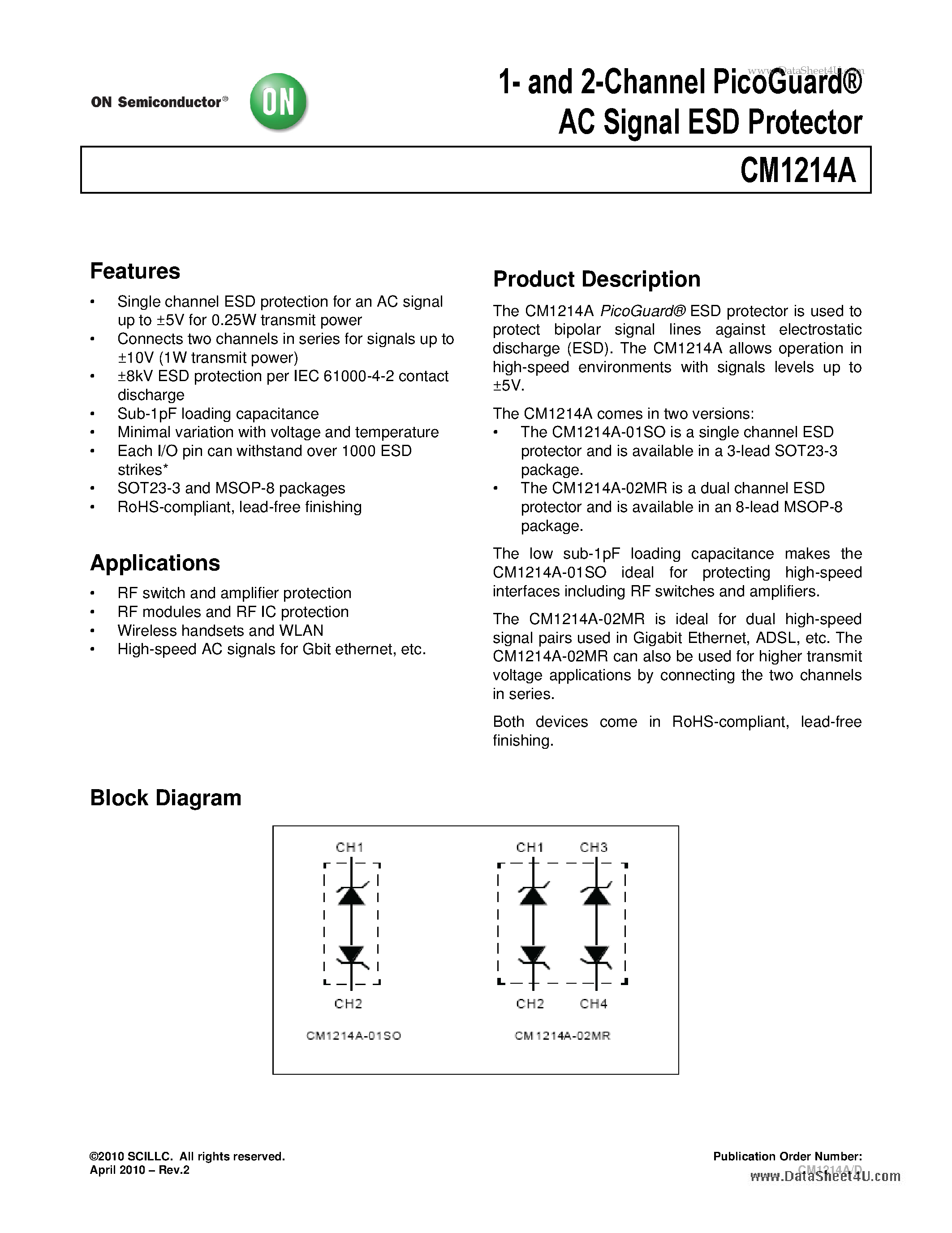 Datasheet CM1214A - 1- and 2-Channel PicoGuard AC Signal ESD Protector page 1