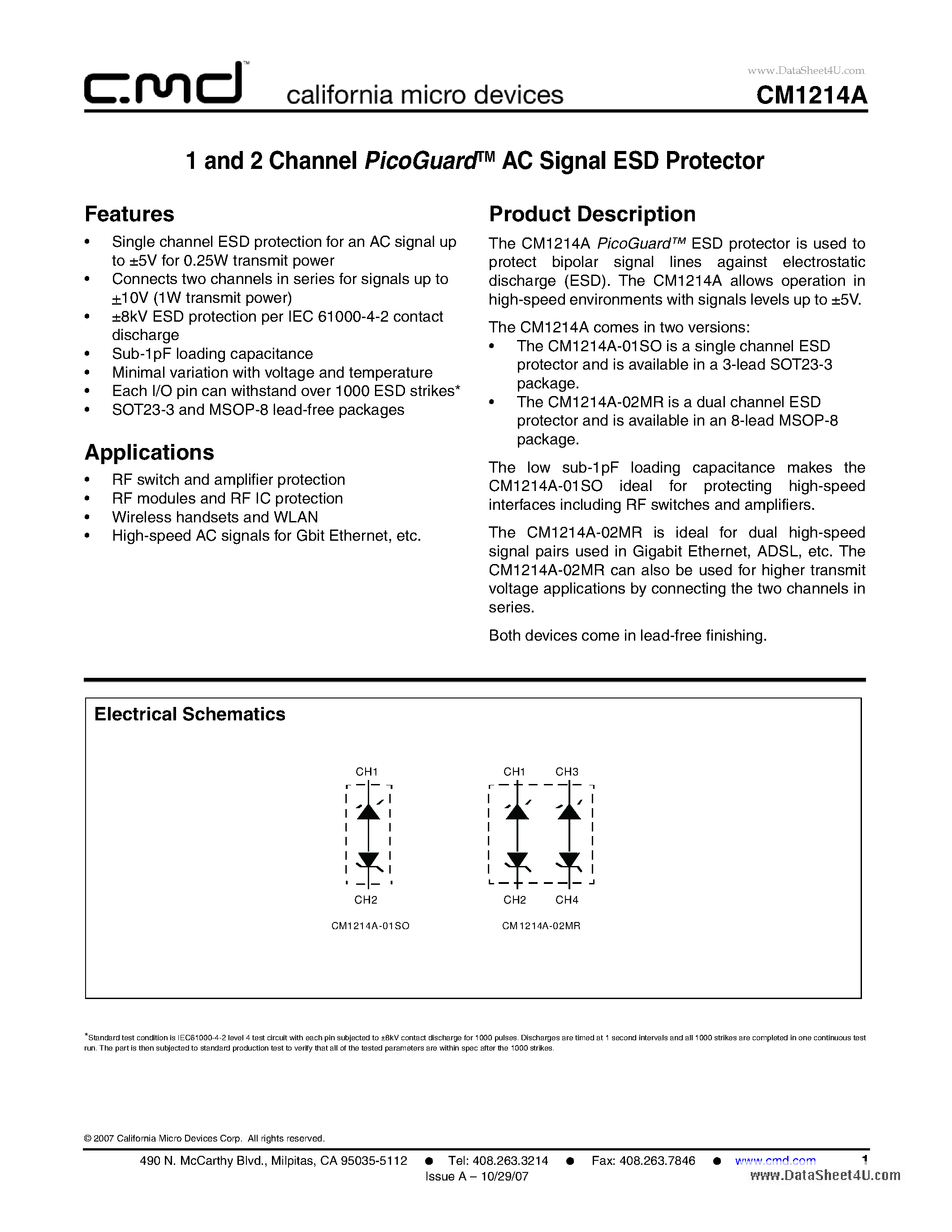 Datasheet CM1214A page 1 Datasheet CM1214A - 1 and 2 Channel PicoGuardTM AC Signal ESD Protector page 1