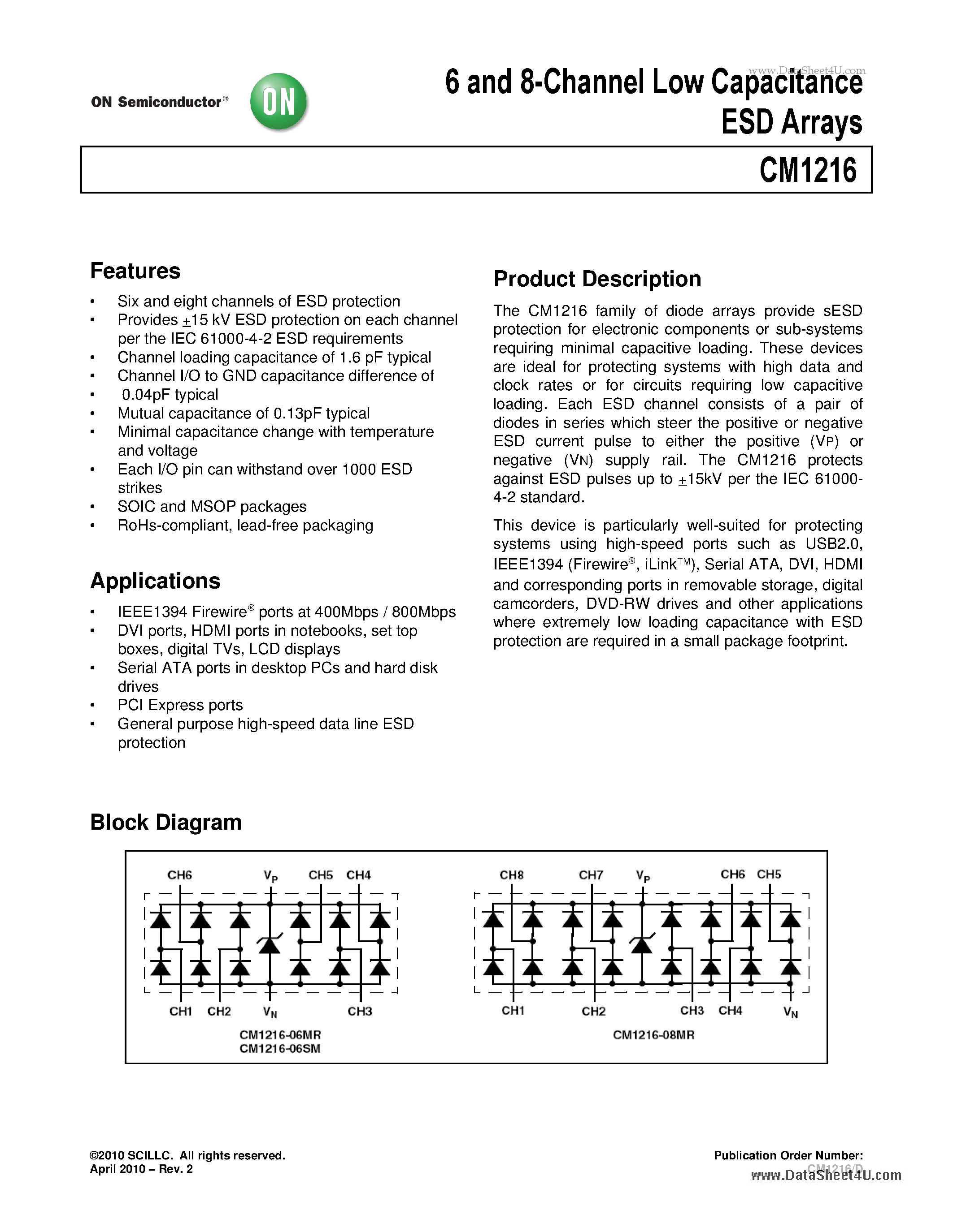 Datasheet CM1216 - 6 and 8-Channel Low Capacitance ESD Arrays page 1