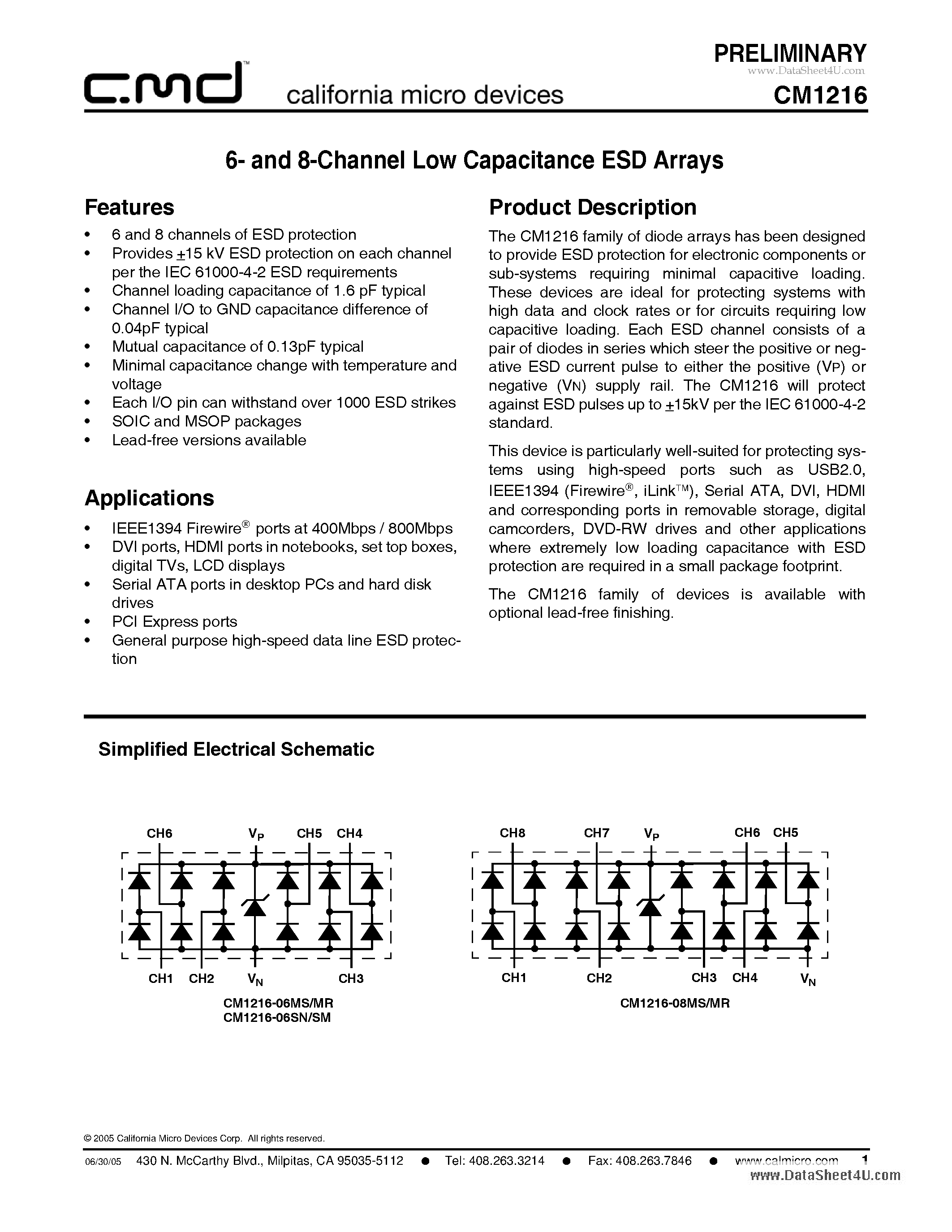Datasheet CM1216 page 1 Datasheet CM1216 - 6- and 8-Channel Low Capacitance ESD Arrays page 1