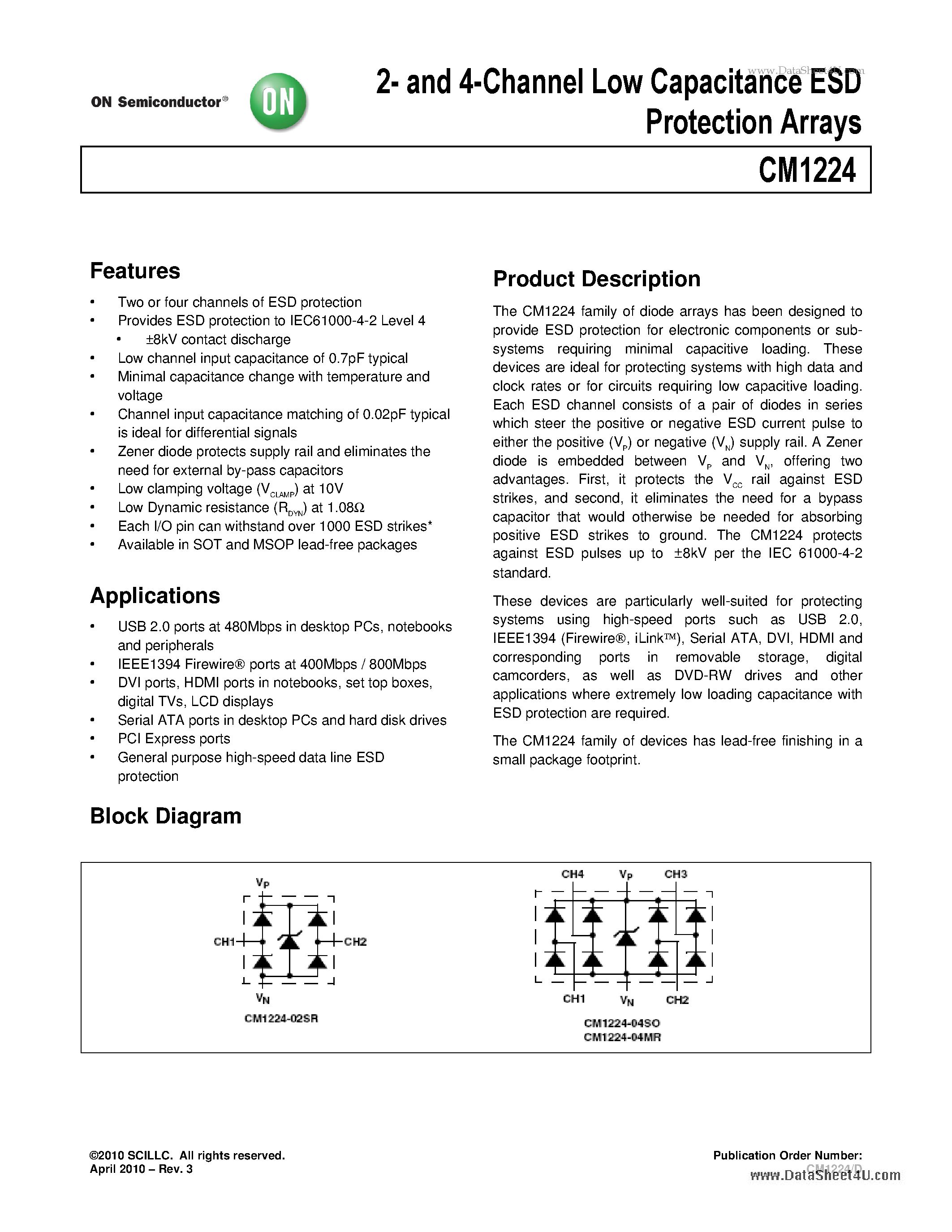Datasheet CM1224 - 2- and 4-Channel Low Capacitance ESD Protection Arrays page 1