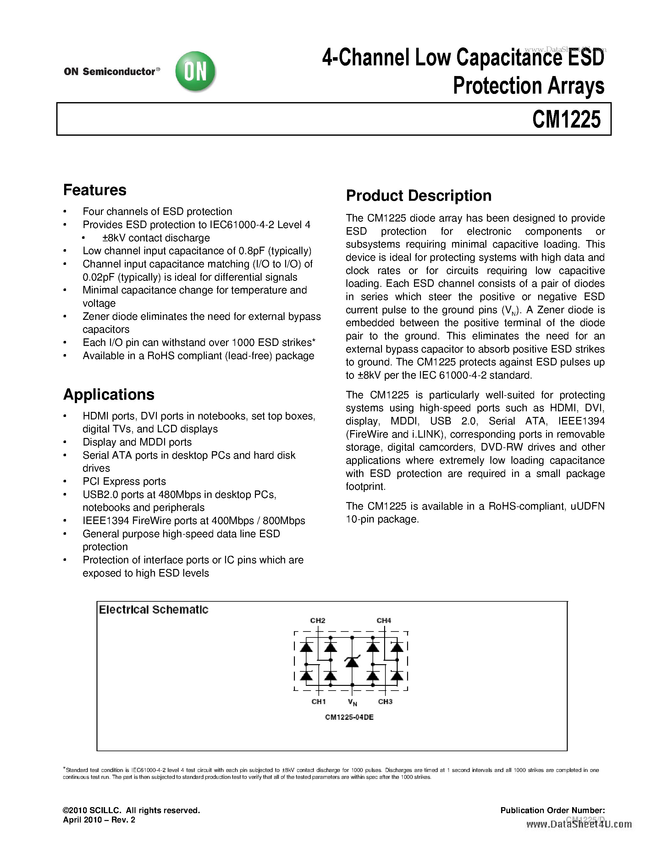 Datasheet CM1225 - 4-Channel Low Capacitance ESD Protection Arrays page 1