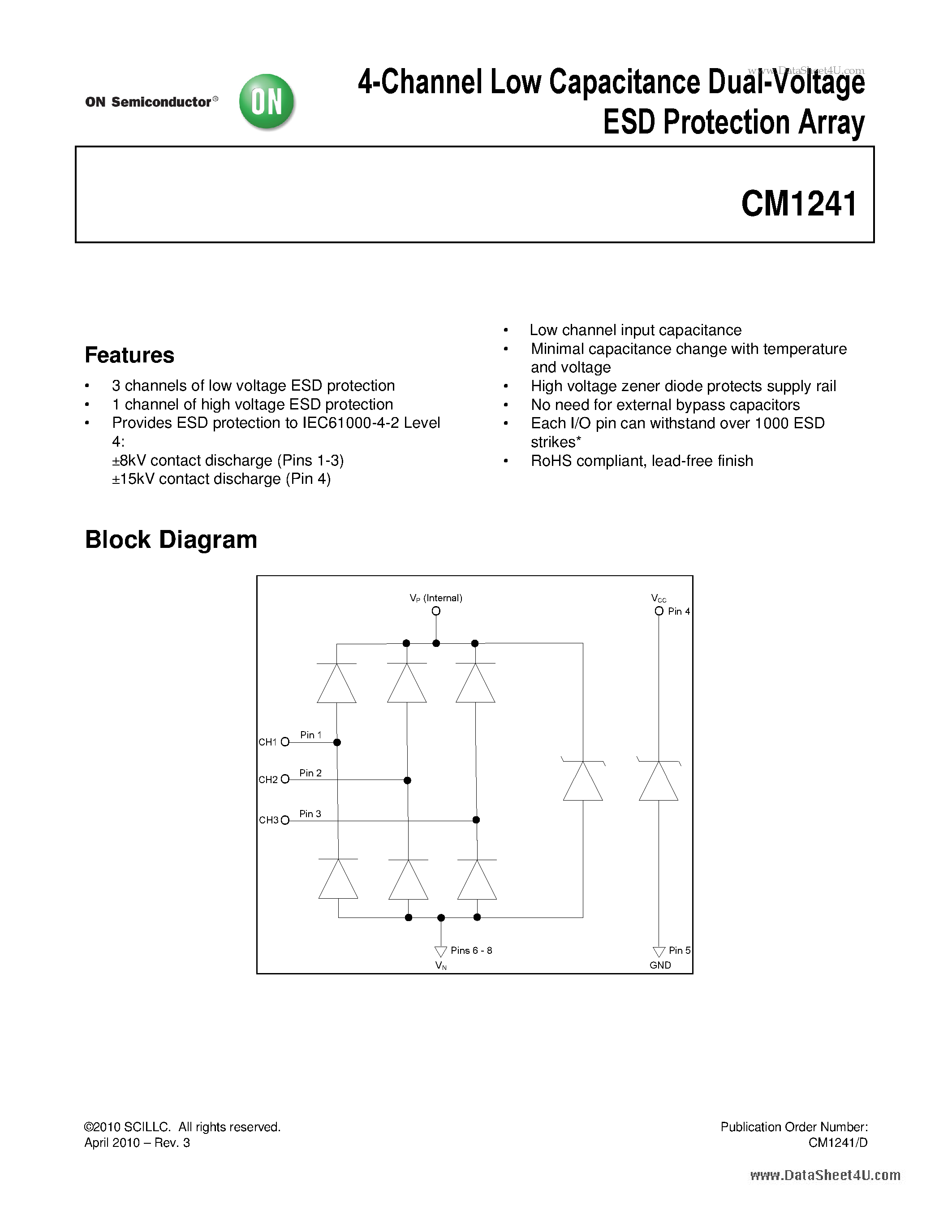 Datasheet CM1241 - 4-Channel Low Capacitance Dual-Voltage ESD Protection Array page 1
