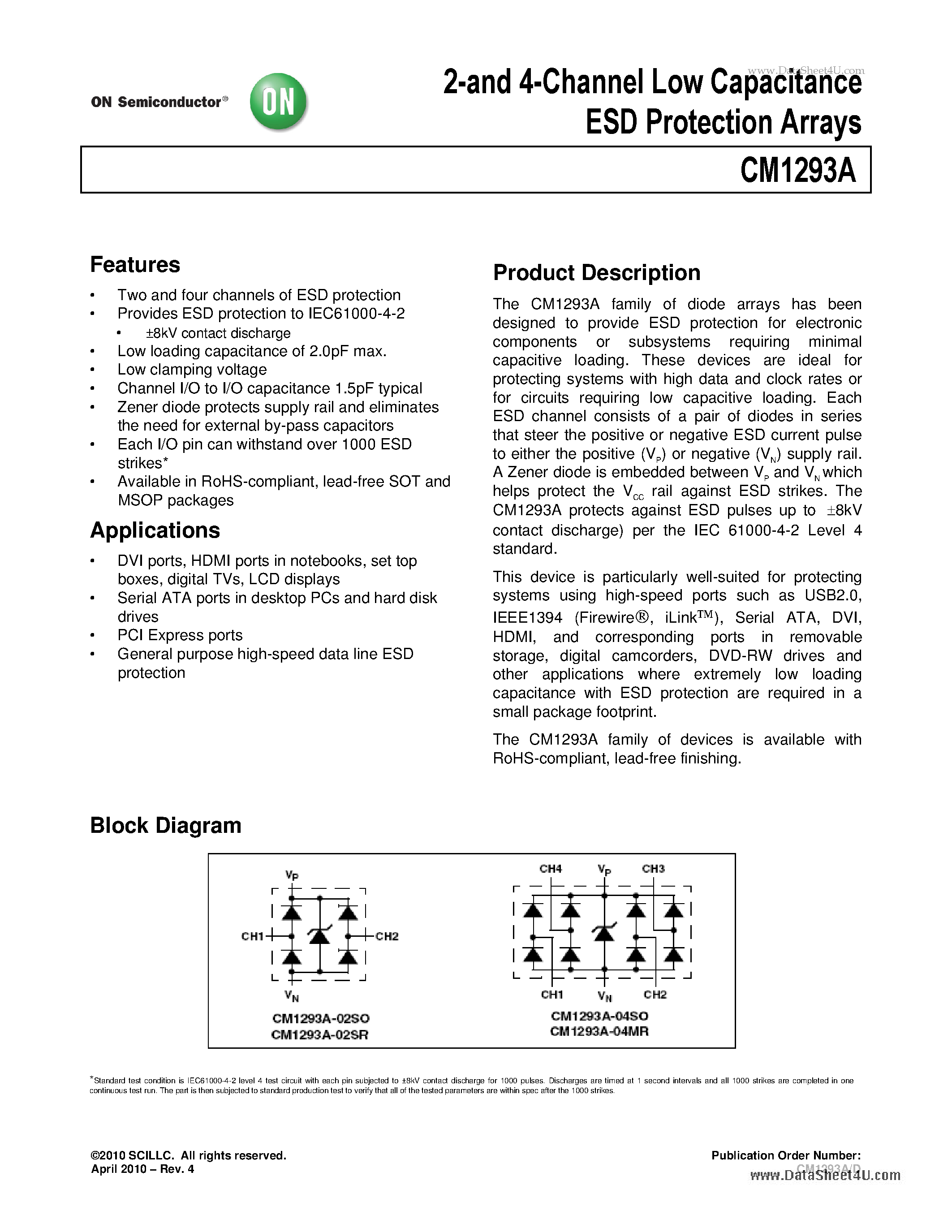 Datasheet CM1293A - 2-and 4-Channel Low Capacitance ESD Protection Arrays page 1