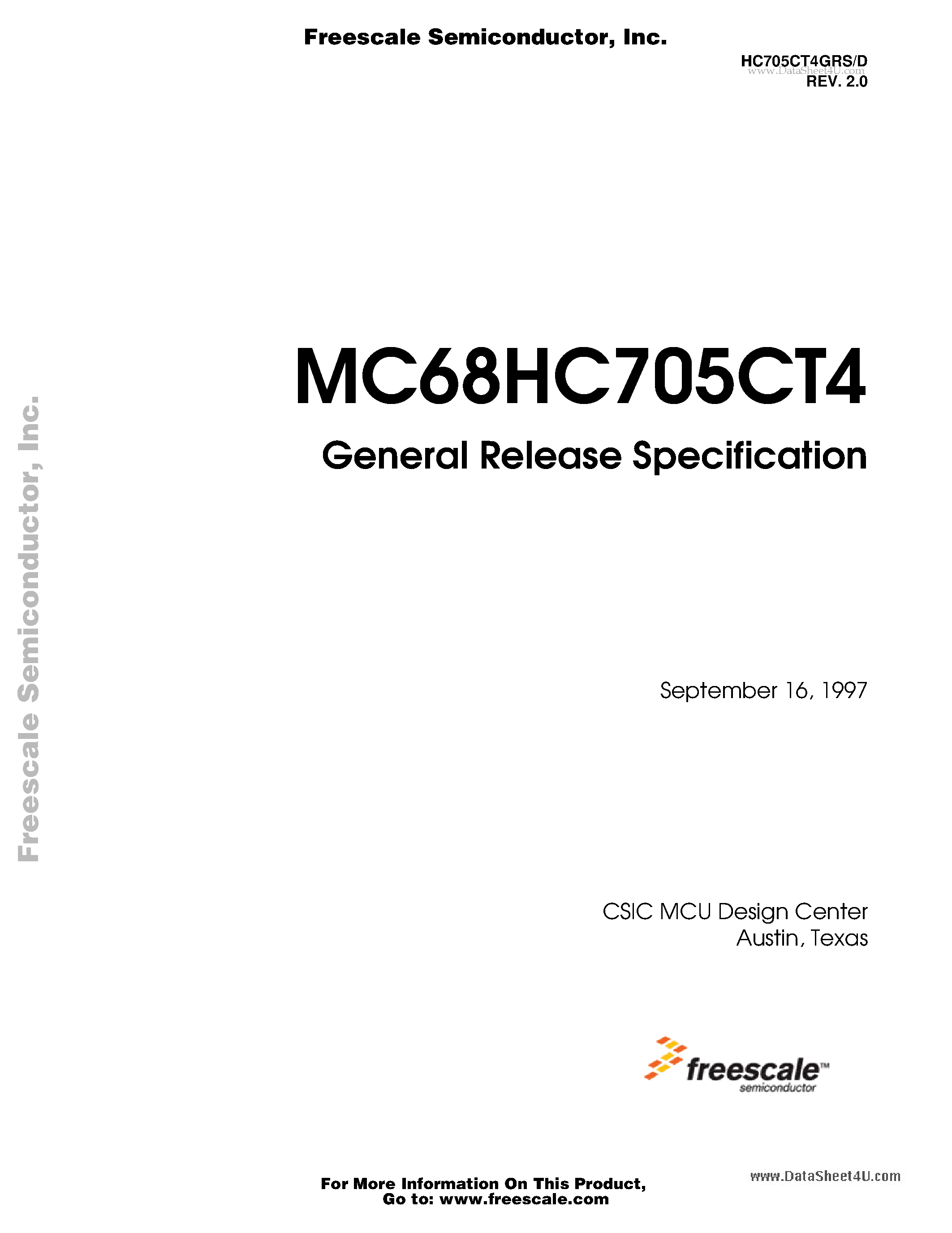Даташит MC68HC705CT4 - General Release Specification страница 1