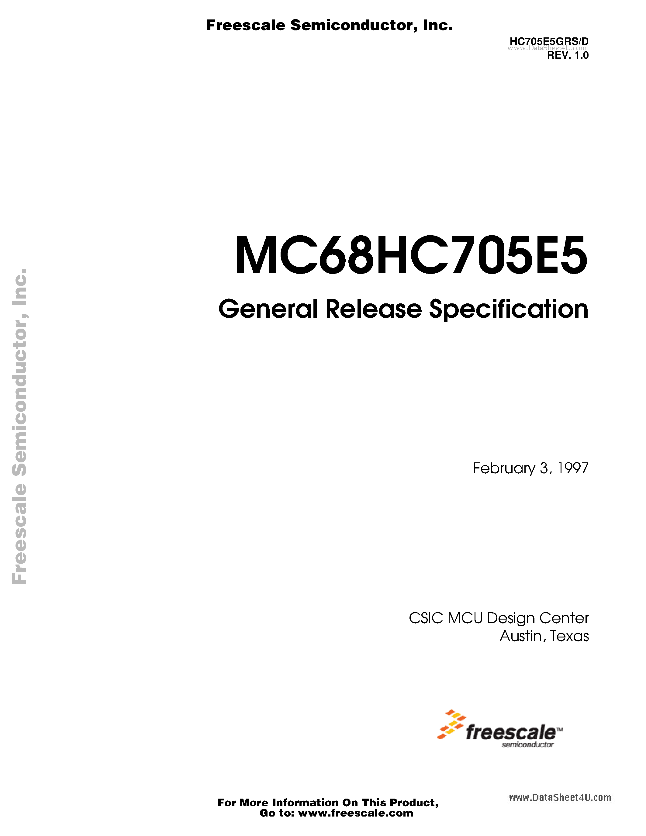 Даташит MC68HC705E5 - General Release Specification страница 1
