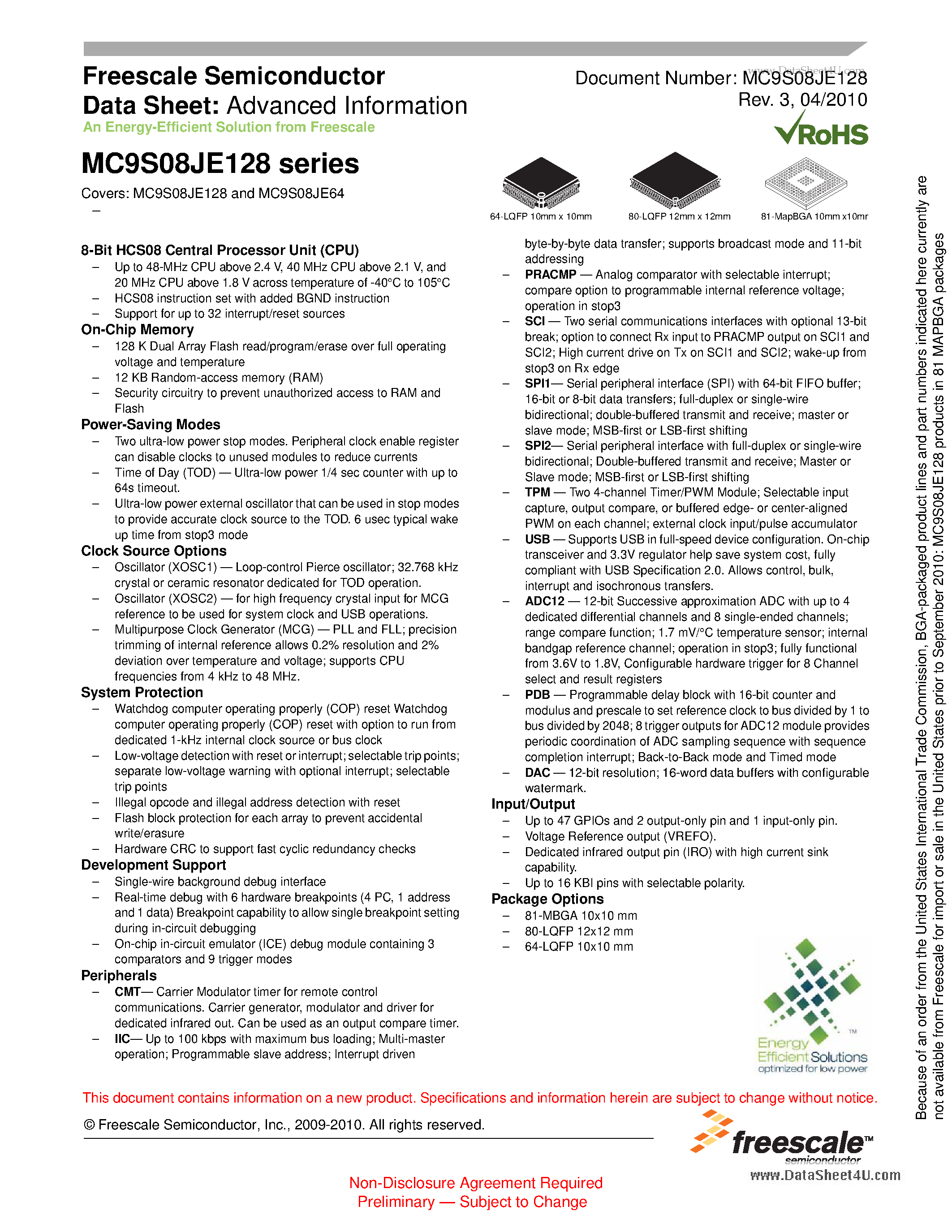 Datasheet MC9S08JE128 - Covers: MC9S08JE128 and MC9S08JE64 page 1