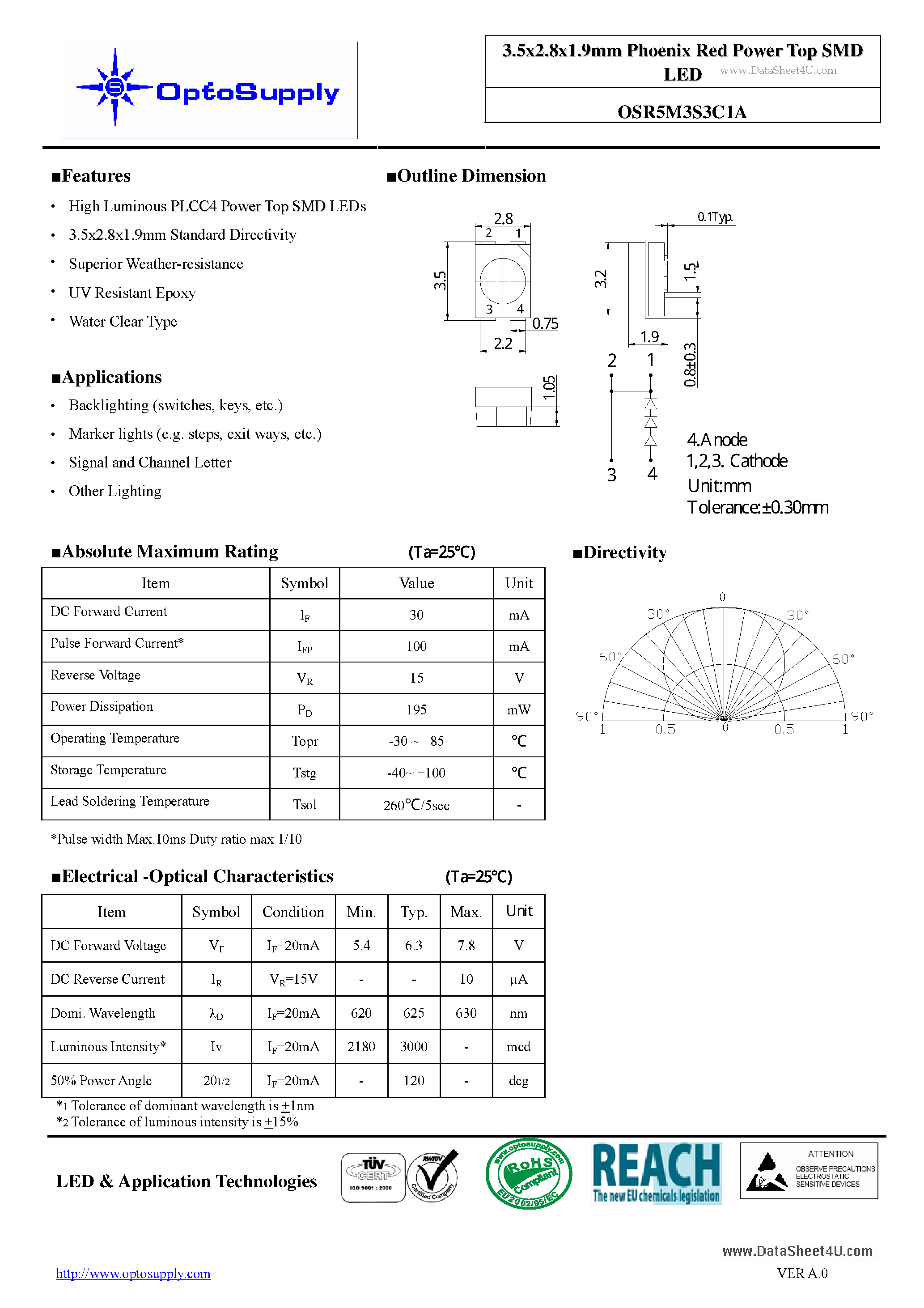 Datasheet OSR5M3S3C1A - 3.5x2.8x1.9mm Phoenix Red Power Top SMD LED page 1