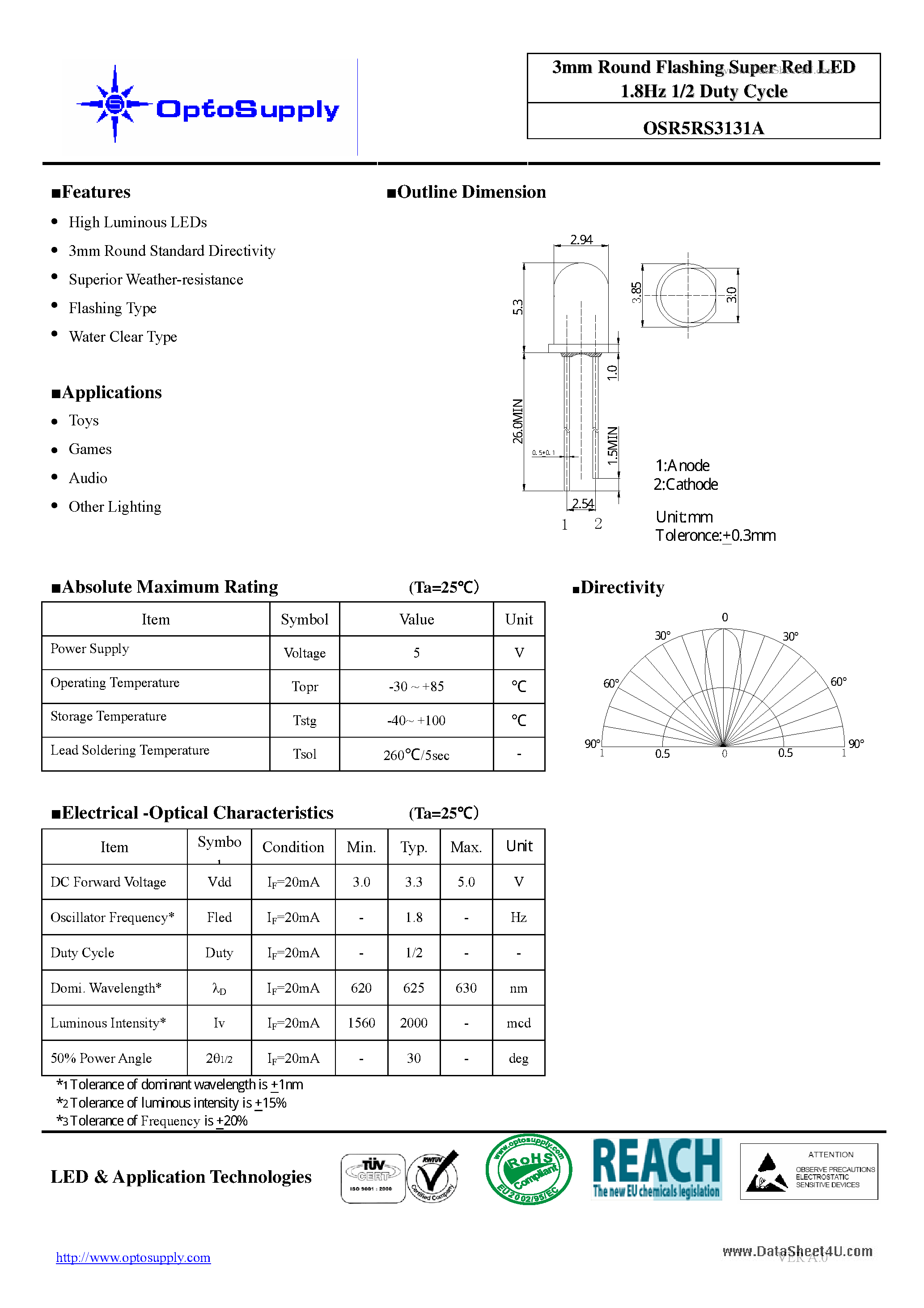 Datasheet OSR5RS3131A - 3mm Round Flashing Super Red LED 1.8Hz 1/2 Duty Cycle page 1