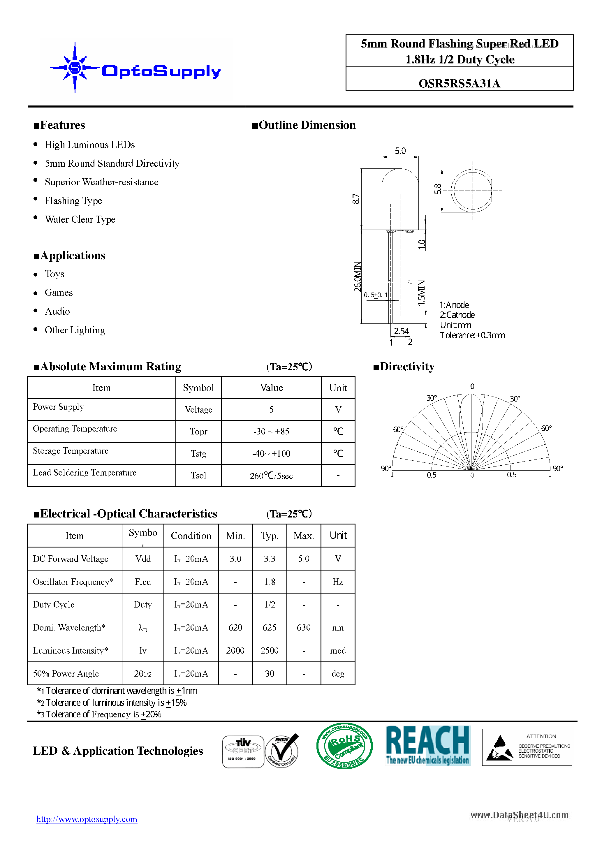 Datasheet OSR5RS5A31A - 5mm Round Flashing Super Red LED 1.8Hz 1/2 Duty Cycle page 1