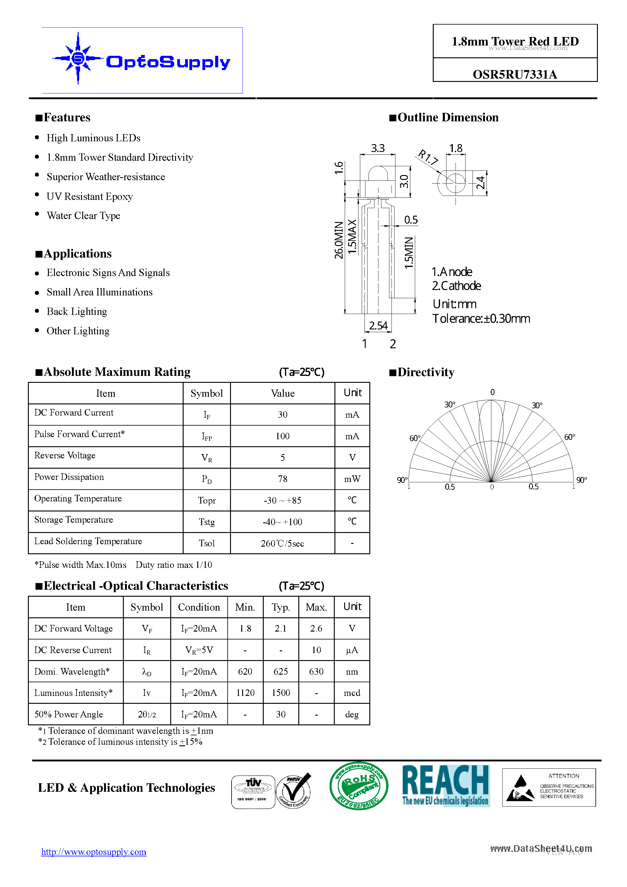 Datasheet OSR5RU7331A - 1.8mm Tower Red LED page 1