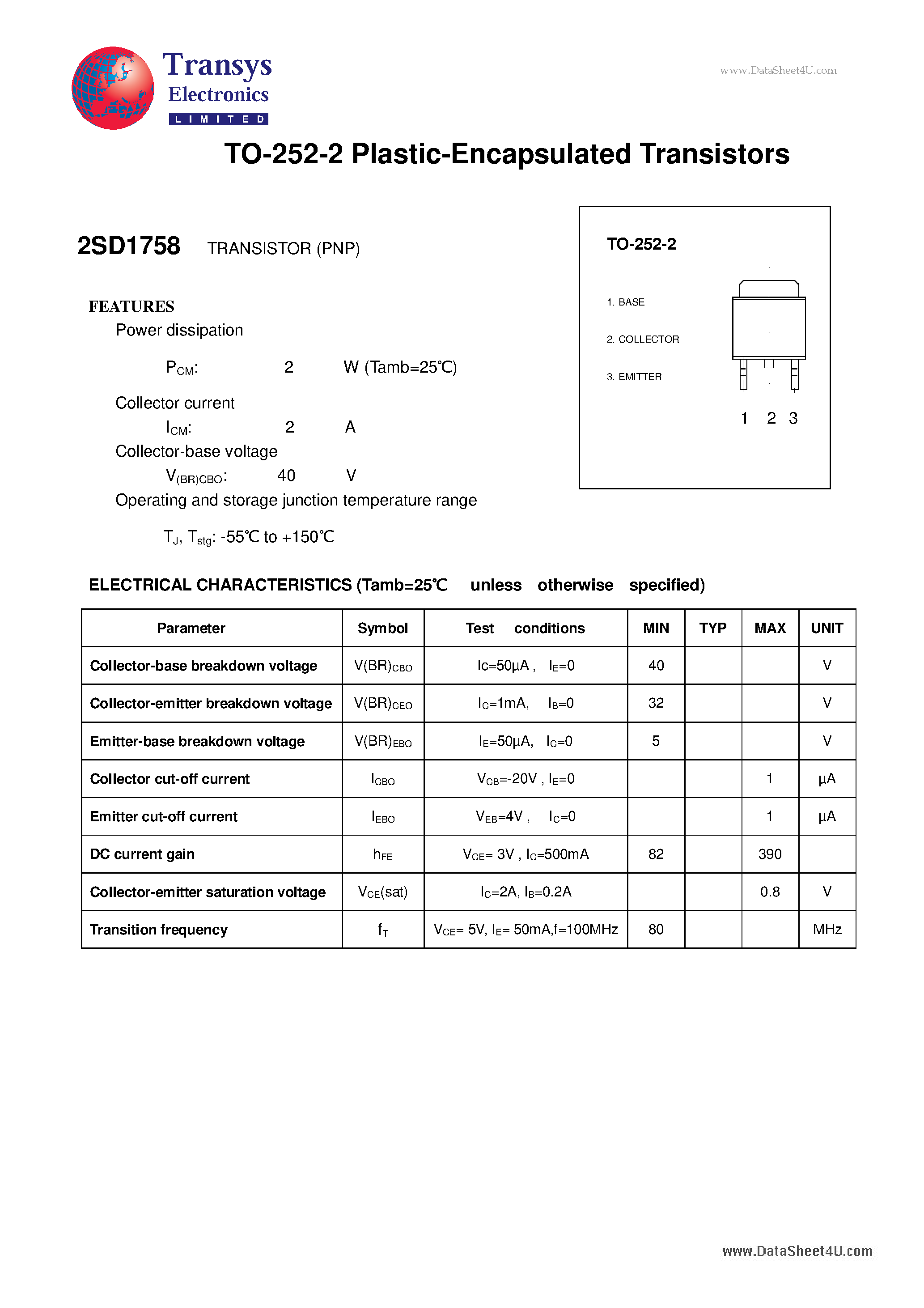 Datasheet 2SD1758 page 1 Datasheet 2SD1758 - Plastic-Encapsulated Transistors page 1