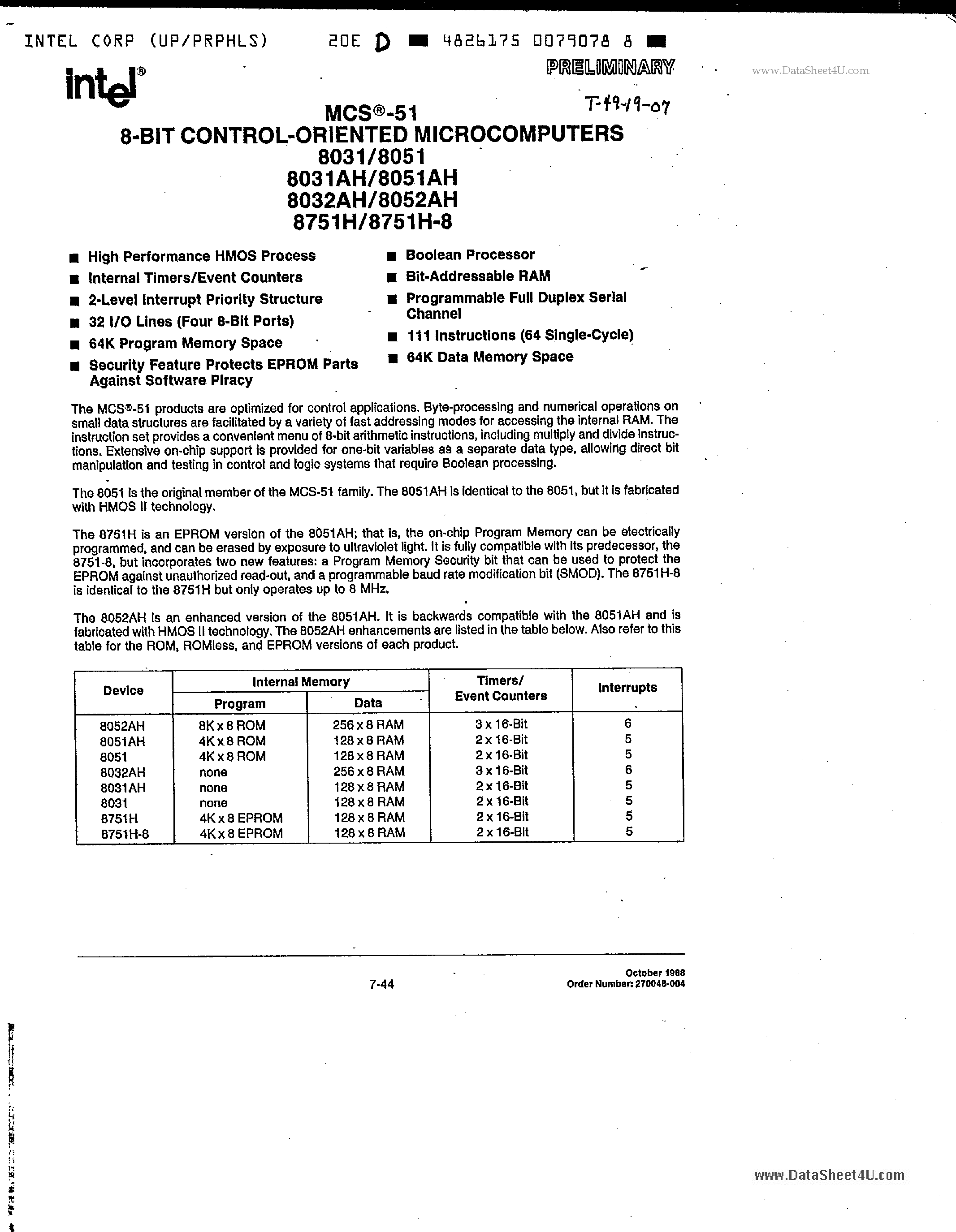 Datasheet N8031 - 8-BIT CONTROL ORIENTED MICROCOMPUTERS page 1