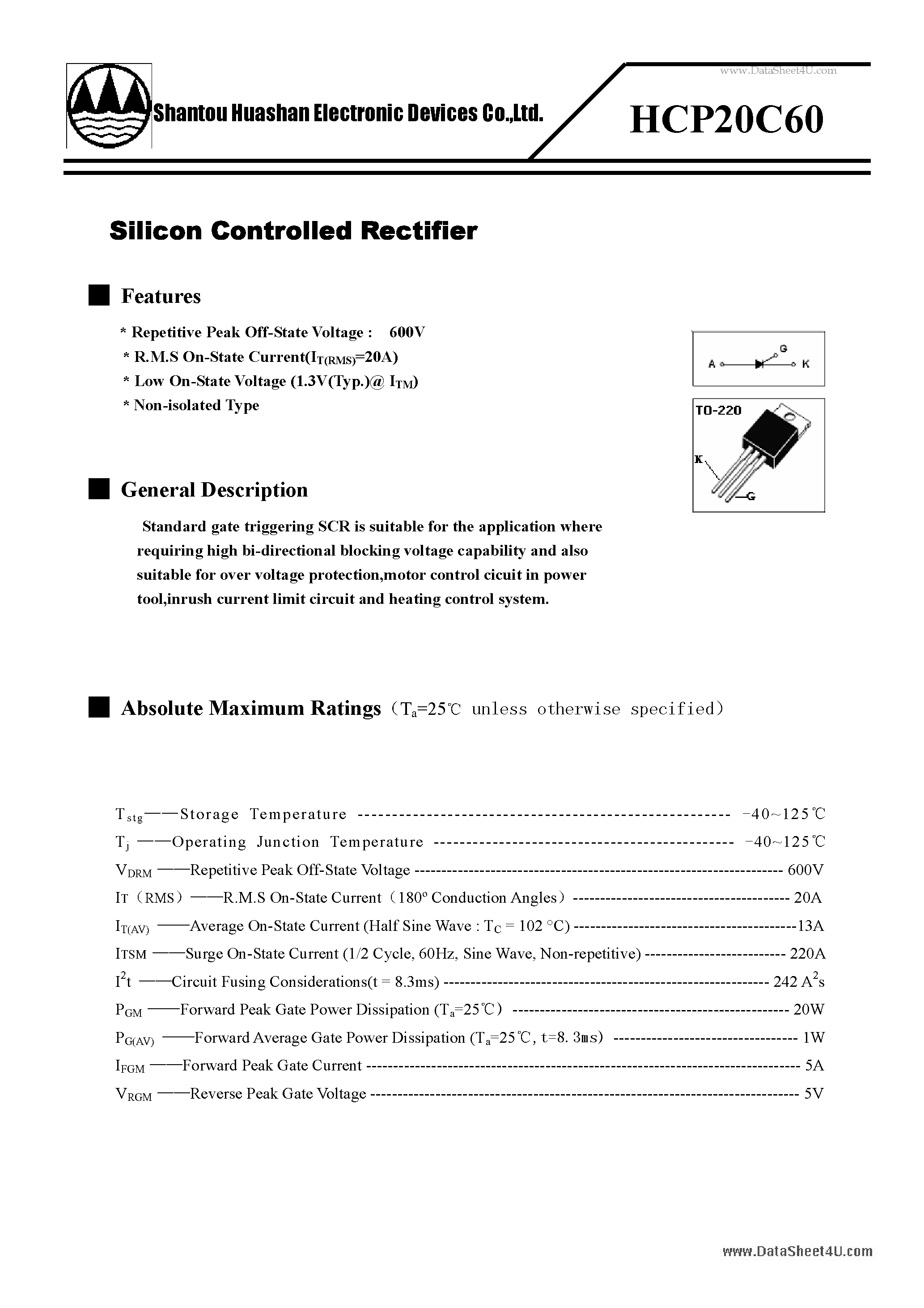 Datasheet HCP20C60 page 1 Datasheet HCP20C60 - Silicon Controlled Rectifier page 1